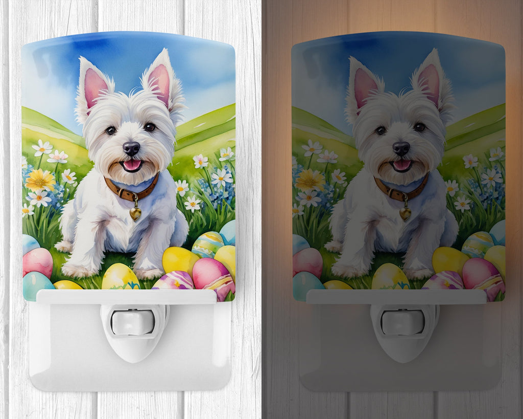 Westie Easter Egg Hunt Ceramic Night Light Compact, UL-Certified, Ideal for Bedroom, Bathroom, Nursery, Hallway, Kitchen, 6x4x3, Multicolor