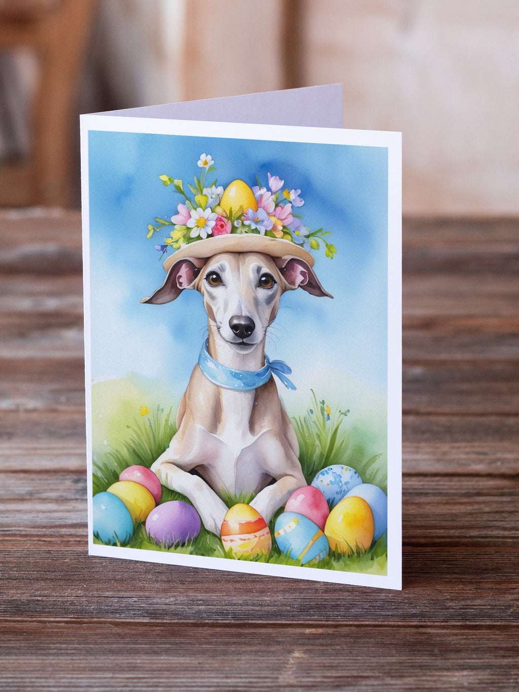 Whippet Easter Egg Hunt Greeting Cards Pack of 8 Blank Cards with Envelopes Whimsical A7 Size 5x7