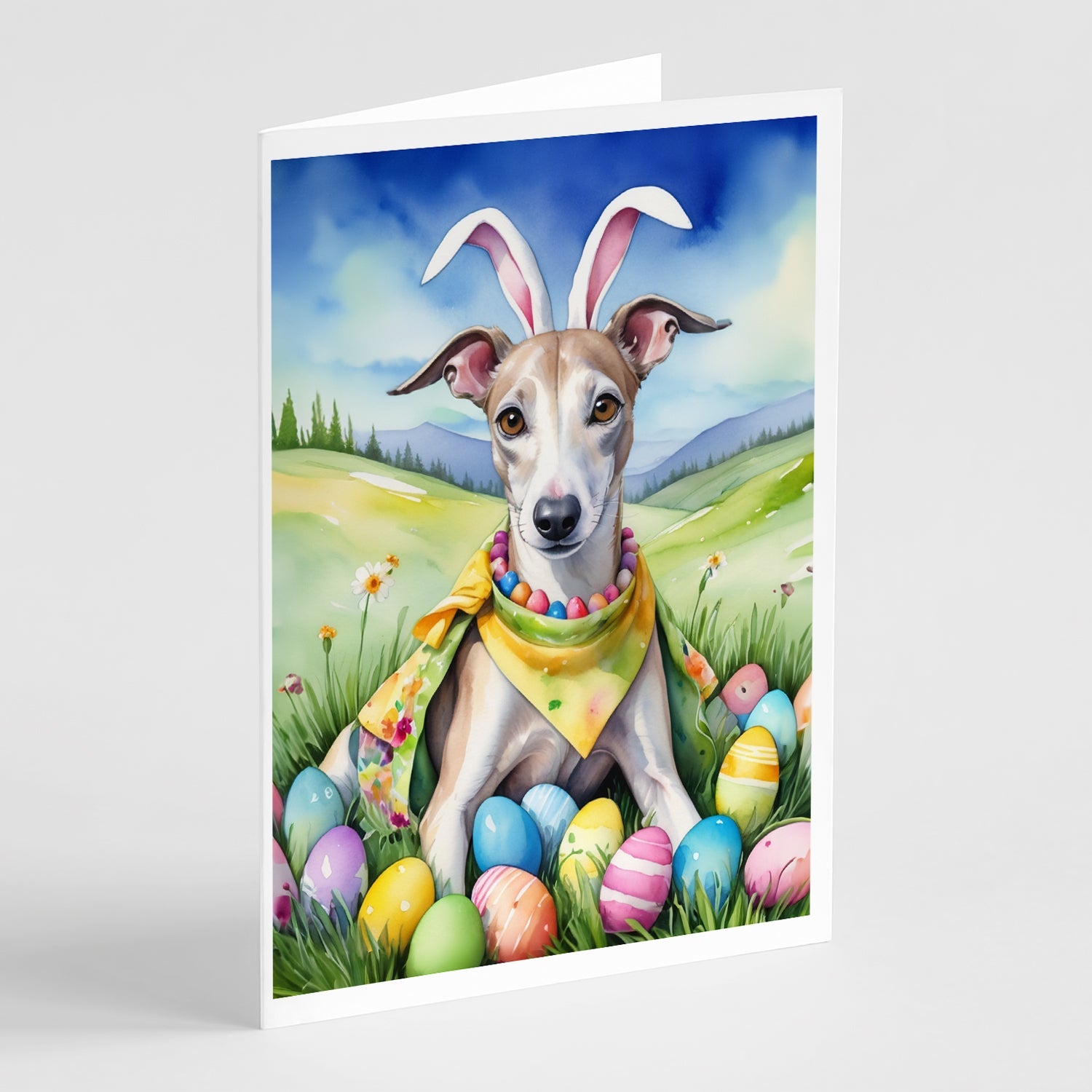 Whippet Easter Egg Hunt Greeting Cards Pack of 8 Blank Cards with Envelopes Whimsical A7 Size 5x7