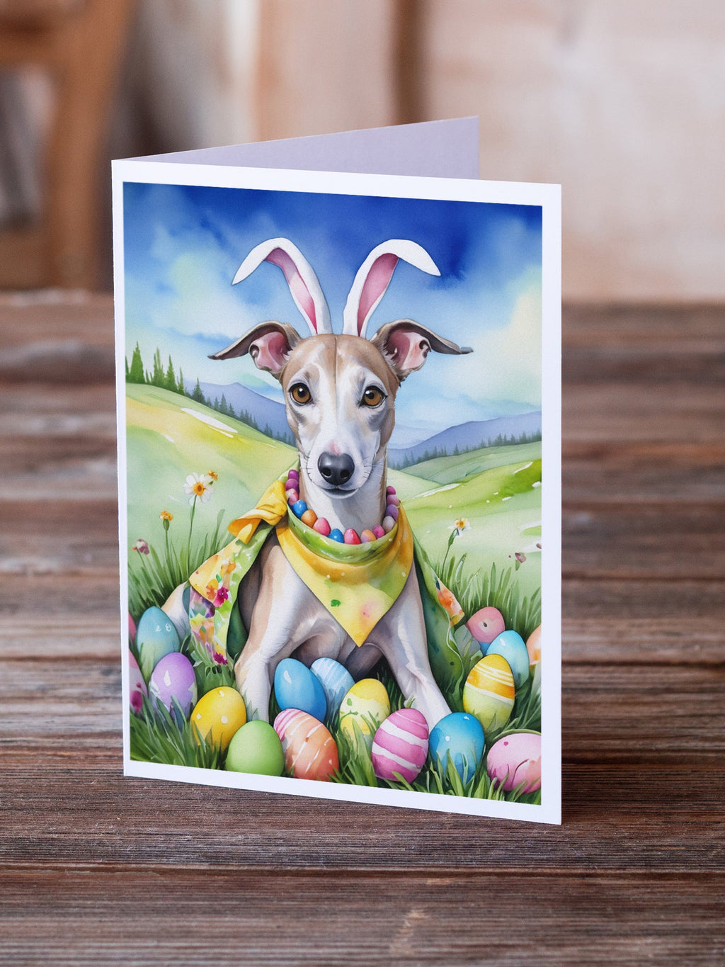 Whippet Easter Egg Hunt Greeting Cards Pack of 8 Blank Cards with Envelopes Whimsical A7 Size 5x7