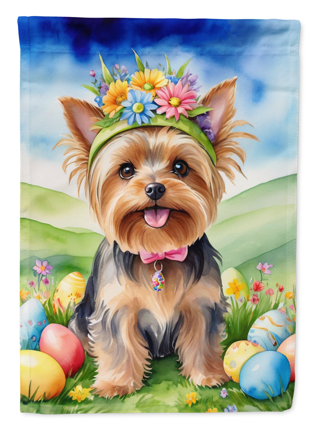 Yorkshire Terrier Easter Egg Hunt House Flag 28x40 Porch Sleeve Pole Decorative Outside Yard Banner Artwork Wall Hanging, Polyester