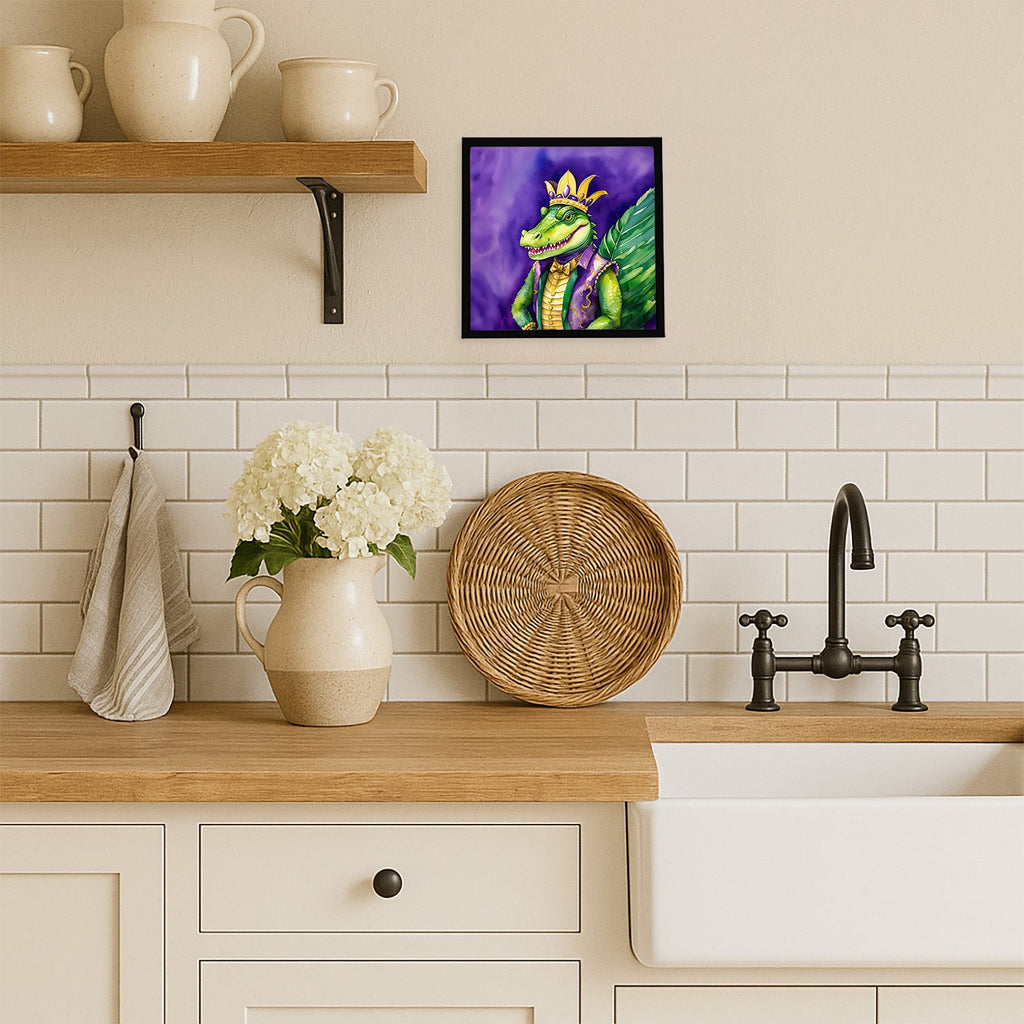 Alligator King of Mardi Gras Framed Metal Print Bathroom, Kitchen, Office, Home Decor Wall Art Ready to Hang, Square, 8X8