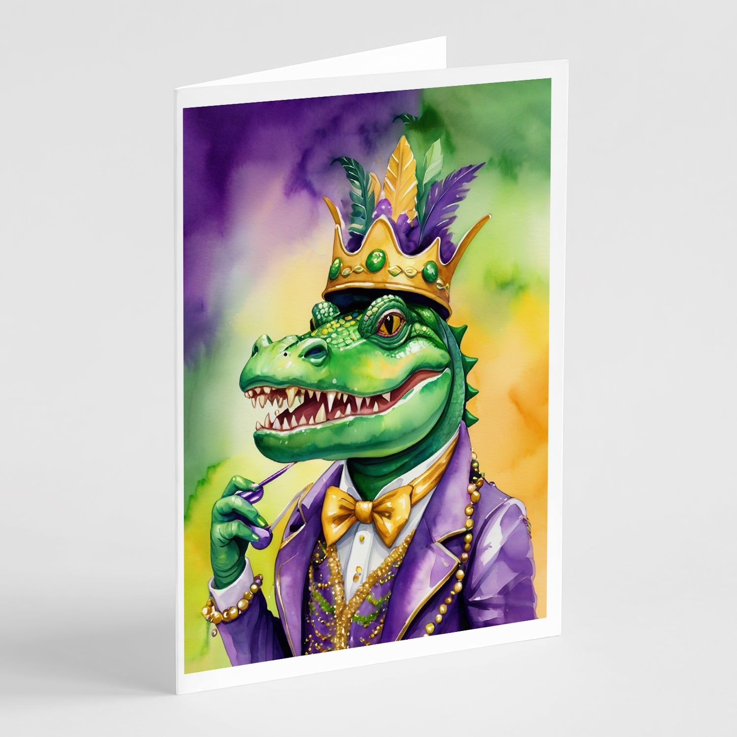 Alligator King of Mardi Gras Greeting Cards Pack of 8 Blank Cards with Envelopes Whimsical A7 Size 5x7