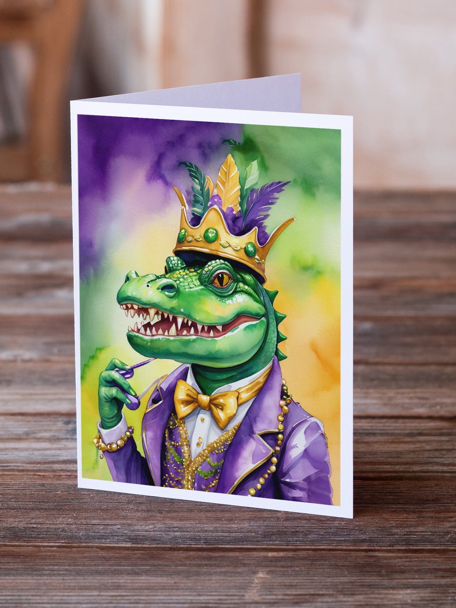 Alligator King of Mardi Gras Greeting Cards Pack of 8 Blank Cards with Envelopes Whimsical A7 Size 5x7