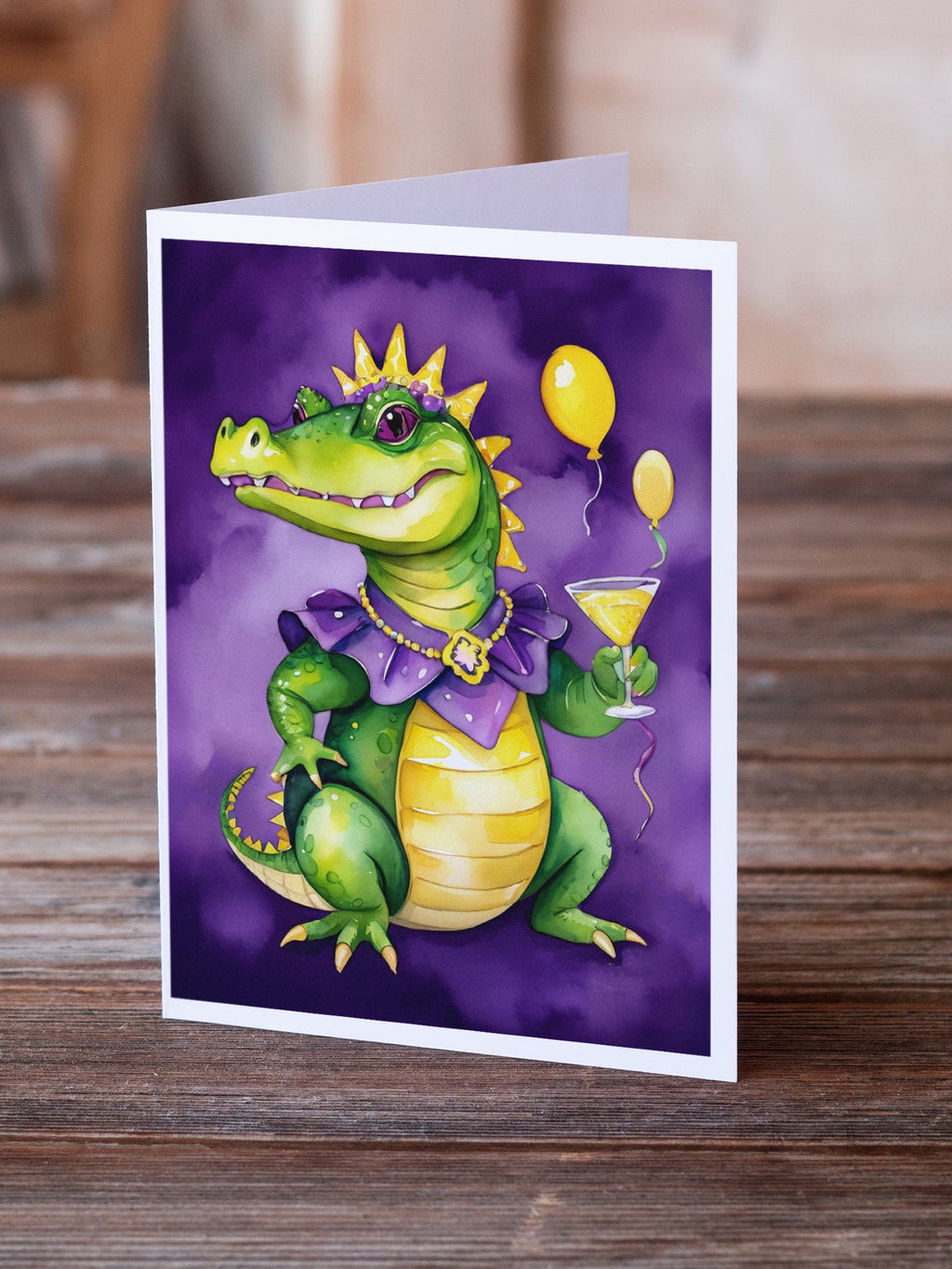 Alligator Mardi Gras Greeting Cards Pack of 8 Blank Cards with Envelopes Whimsical A7 Size 5x7