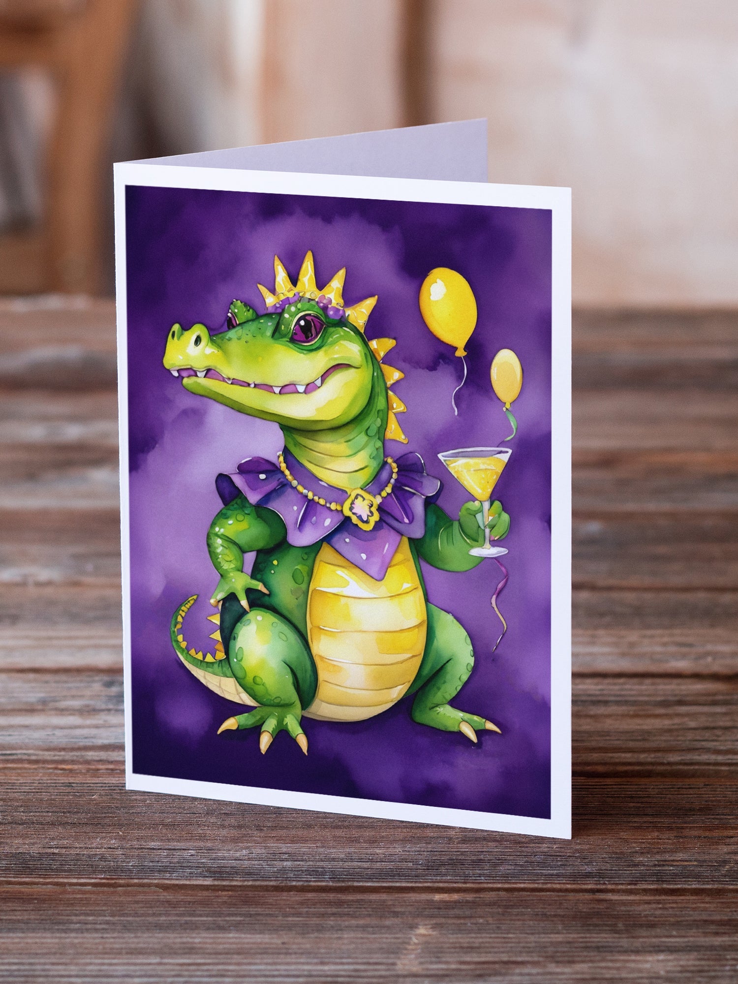 Alligator Mardi Gras Greeting Cards Pack of 8 Blank Cards with Envelopes Whimsical A7 Size 5x7