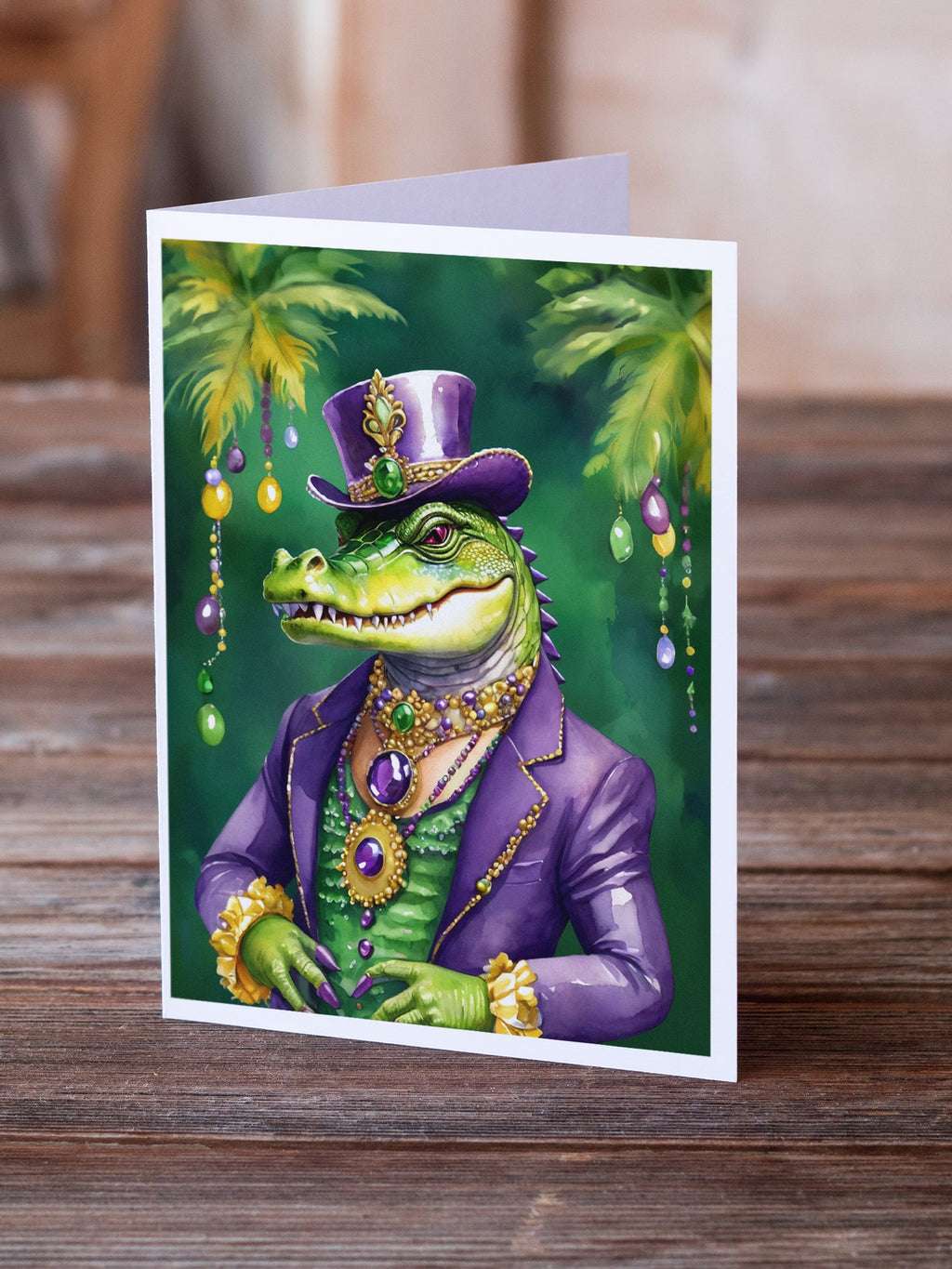 Alligator King of Mardi Gras Greeting Cards Pack of 8 Blank Cards with Envelopes Whimsical A7 Size 5x7