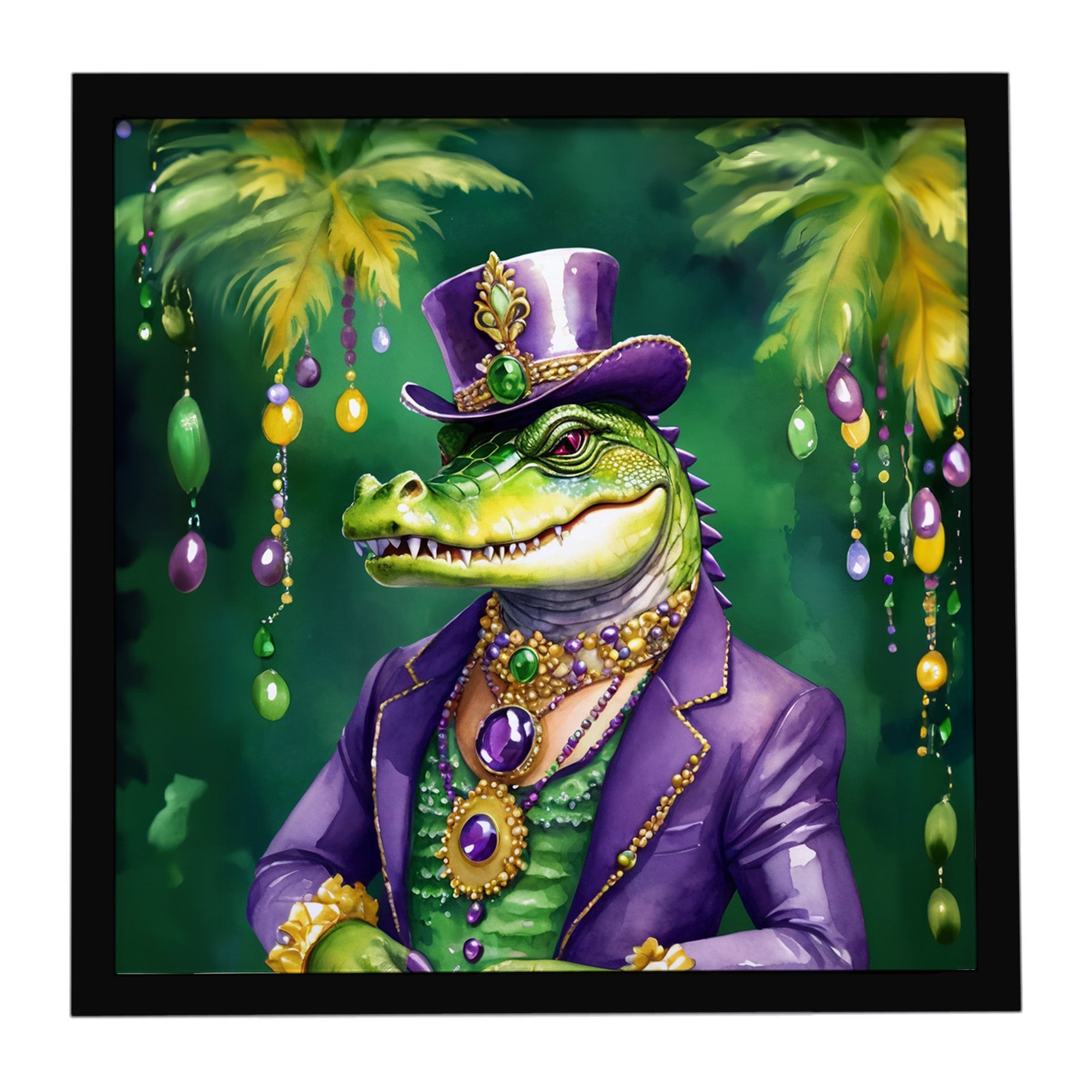 Alligator King of Mardi Gras Framed Metal Print Bathroom, Kitchen, Office, Home Decor Wall Art Ready to Hang, Square, 8X8