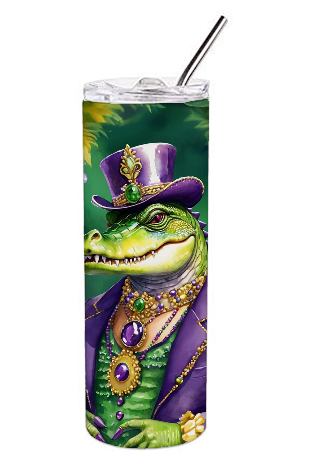 Alligator King of Mardi Gras Stainless Steel Skinny Tumbler 20 oz Vacuum Double Walled Reusable Insulated Travel Cup