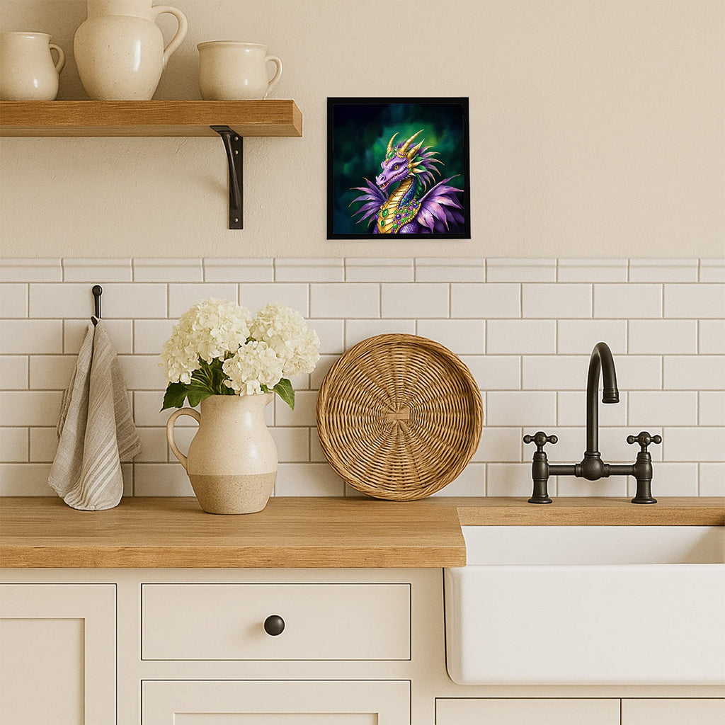 Dragon King of Mardi Gras Framed Metal Print Bathroom, Kitchen, Office, Home Decor Wall Art Ready to Hang, Square, 8X8