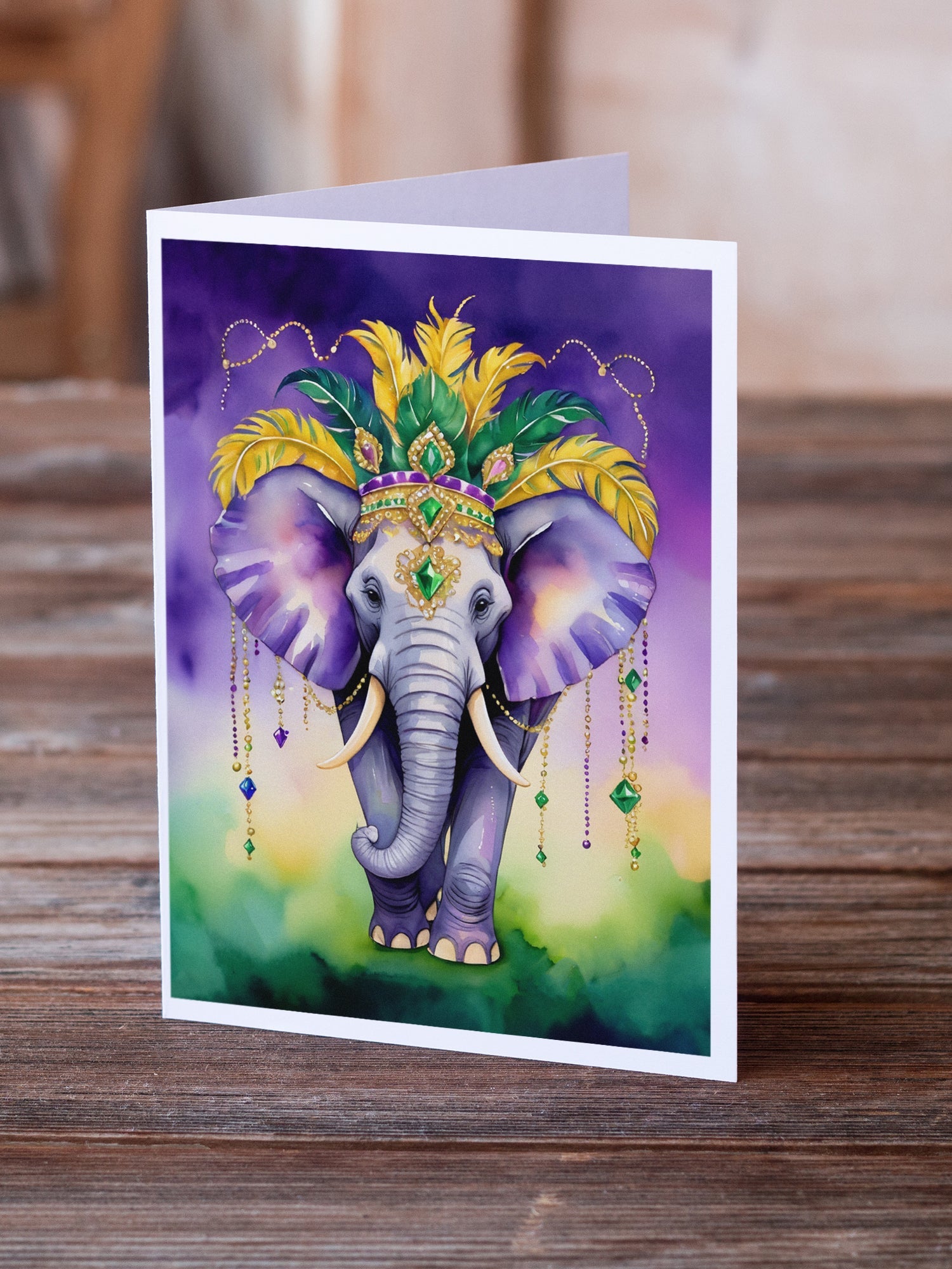 Elephant King of Mardi Gras Greeting Cards Pack of 8 Blank Cards with Envelopes Whimsical A7 Size 5x7