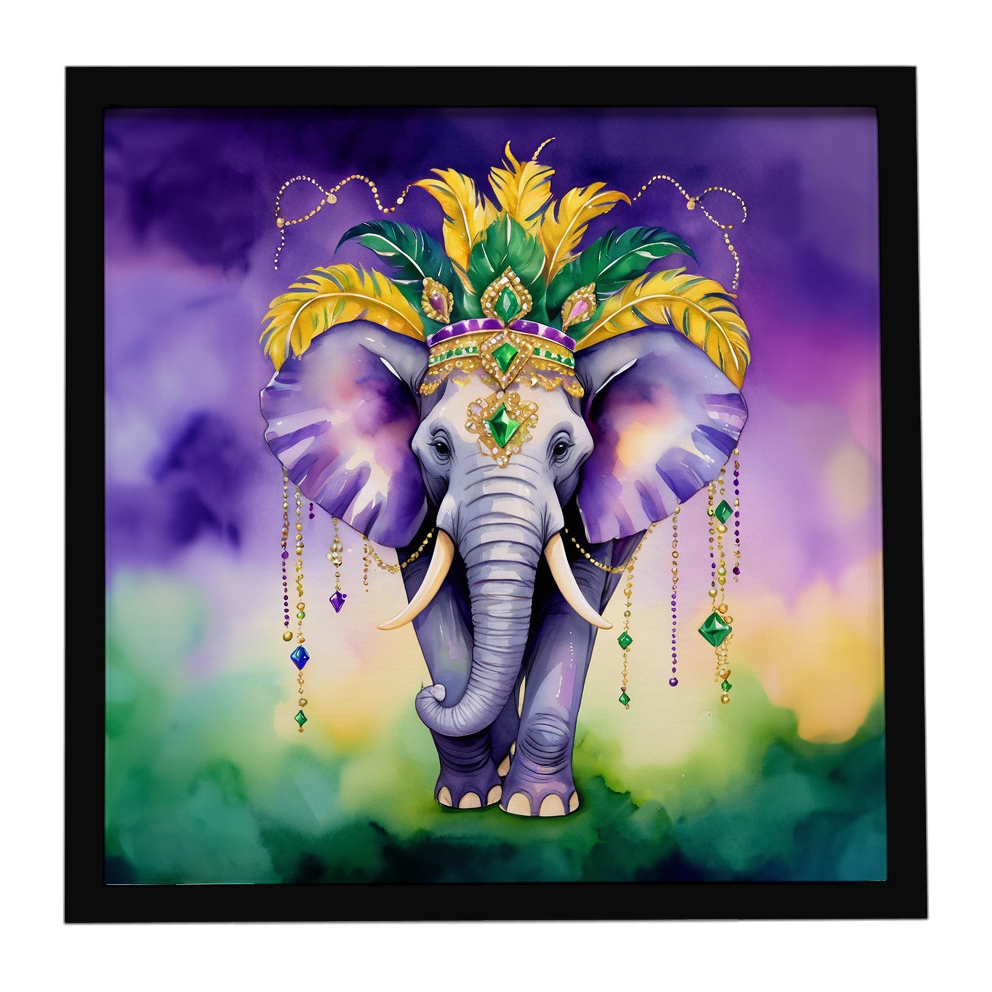 Elephant King of Mardi Gras Framed Metal Print Bathroom, Kitchen, Office, Home Decor Wall Art Ready to Hang, Square, 8X8
