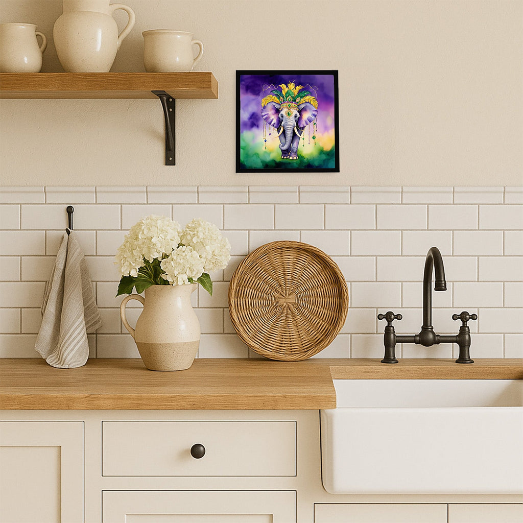 Elephant King of Mardi Gras Framed Metal Print Bathroom, Kitchen, Office, Home Decor Wall Art Ready to Hang, Square, 8X8