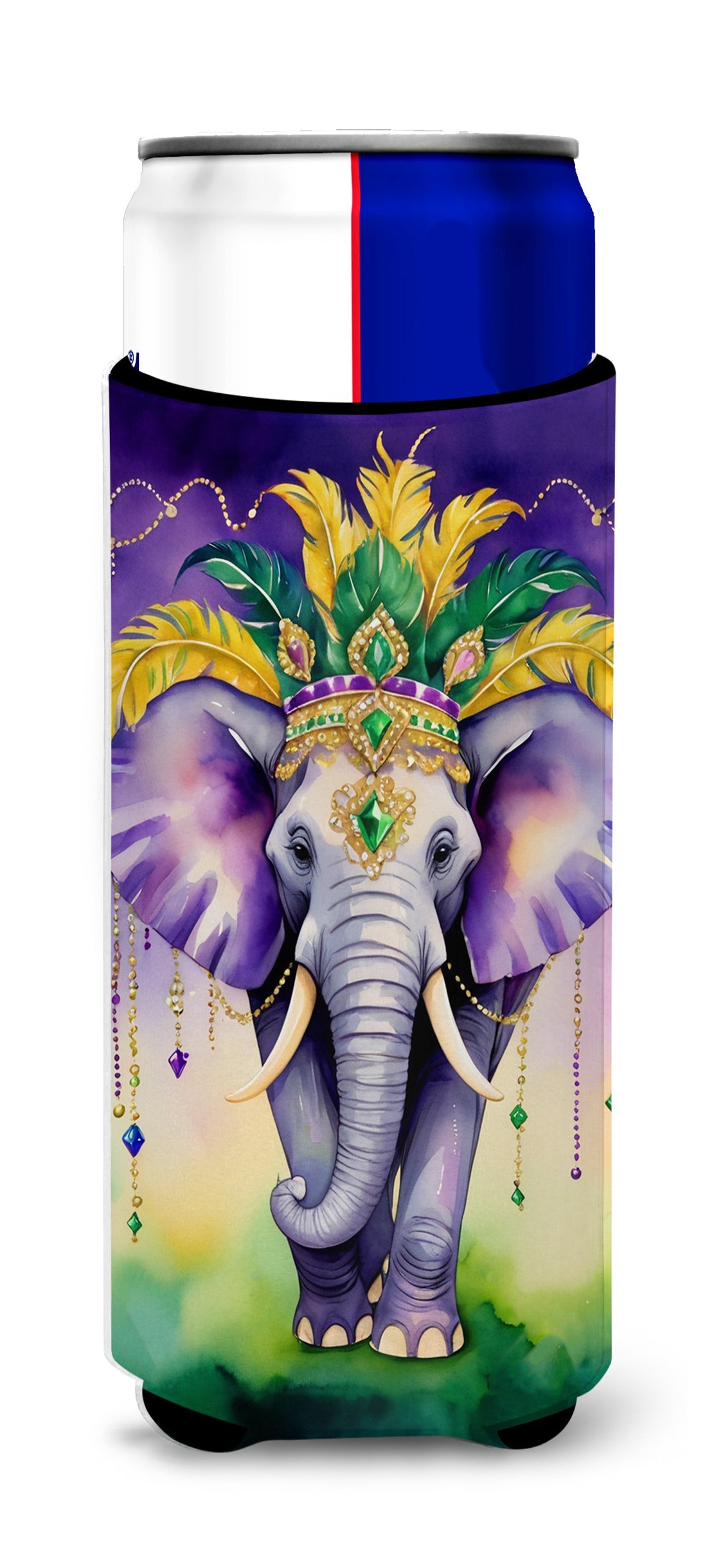 Elephant King of Mardi Gras Slim Can Hugger , Insulated Foam Hugger for 12 oz Slim Cans, Beer Bottles & Water Bottles, Printed in USA