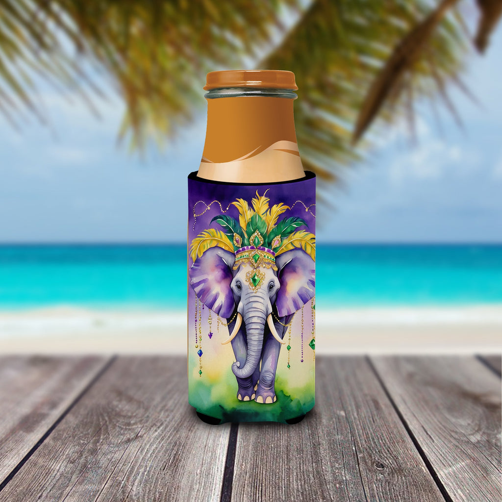 Elephant King of Mardi Gras Slim Can Hugger , Insulated Foam Hugger for 12 oz Slim Cans, Beer Bottles & Water Bottles, Printed in USA