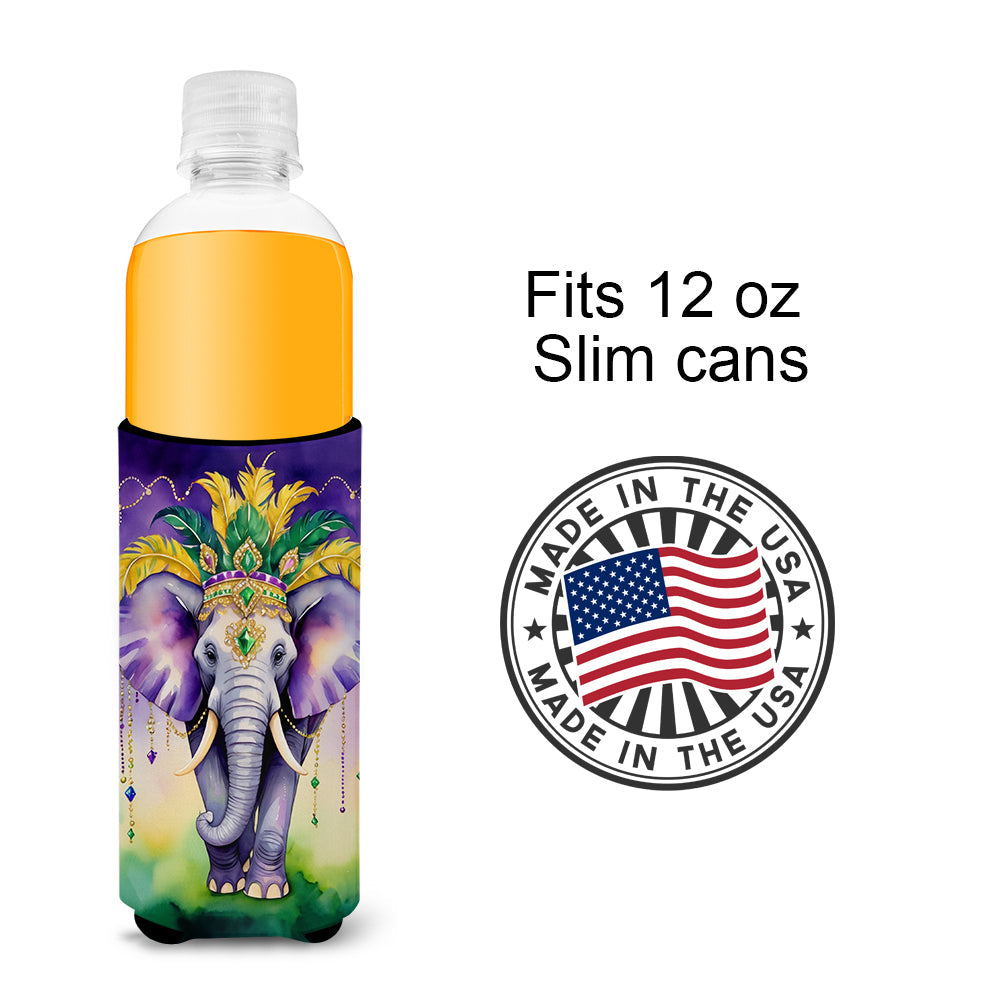Elephant King of Mardi Gras Slim Can Hugger , Insulated Foam Hugger for 12 oz Slim Cans, Beer Bottles & Water Bottles, Printed in USA