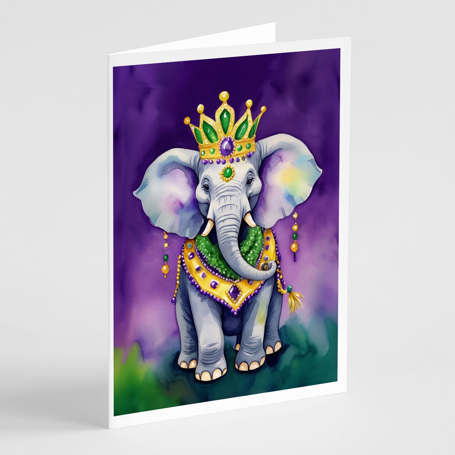 Elephant King of Mardi Gras Greeting Cards Pack of 8 Blank Cards with Envelopes Whimsical A7 Size 5x7