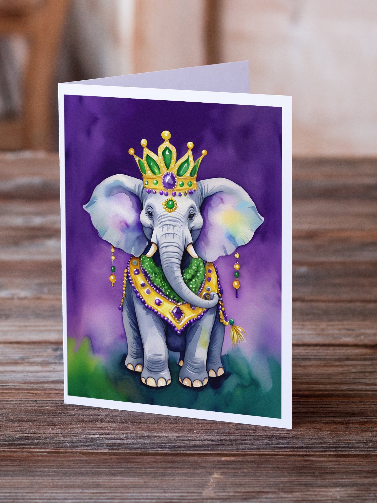 Elephant King of Mardi Gras Greeting Cards Pack of 8 Blank Cards with Envelopes Whimsical A7 Size 5x7