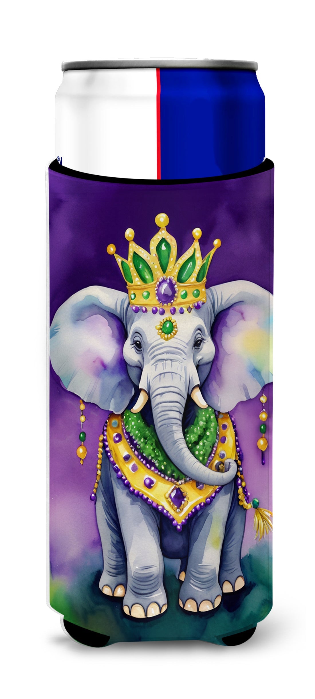 Elephant King of Mardi Gras Slim Can Hugger , Insulated Foam Hugger for 12 oz Slim Cans, Beer Bottles & Water Bottles, Printed in USA