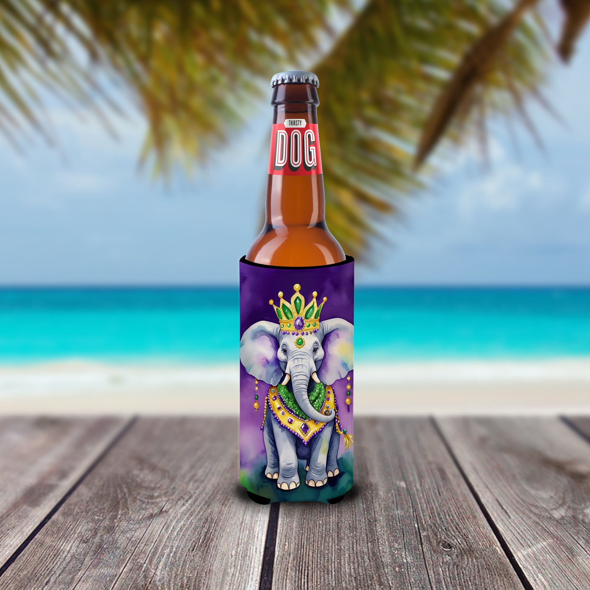 Elephant King of Mardi Gras Slim Can Hugger , Insulated Foam Hugger for 12 oz Slim Cans, Beer Bottles & Water Bottles, Printed in USA
