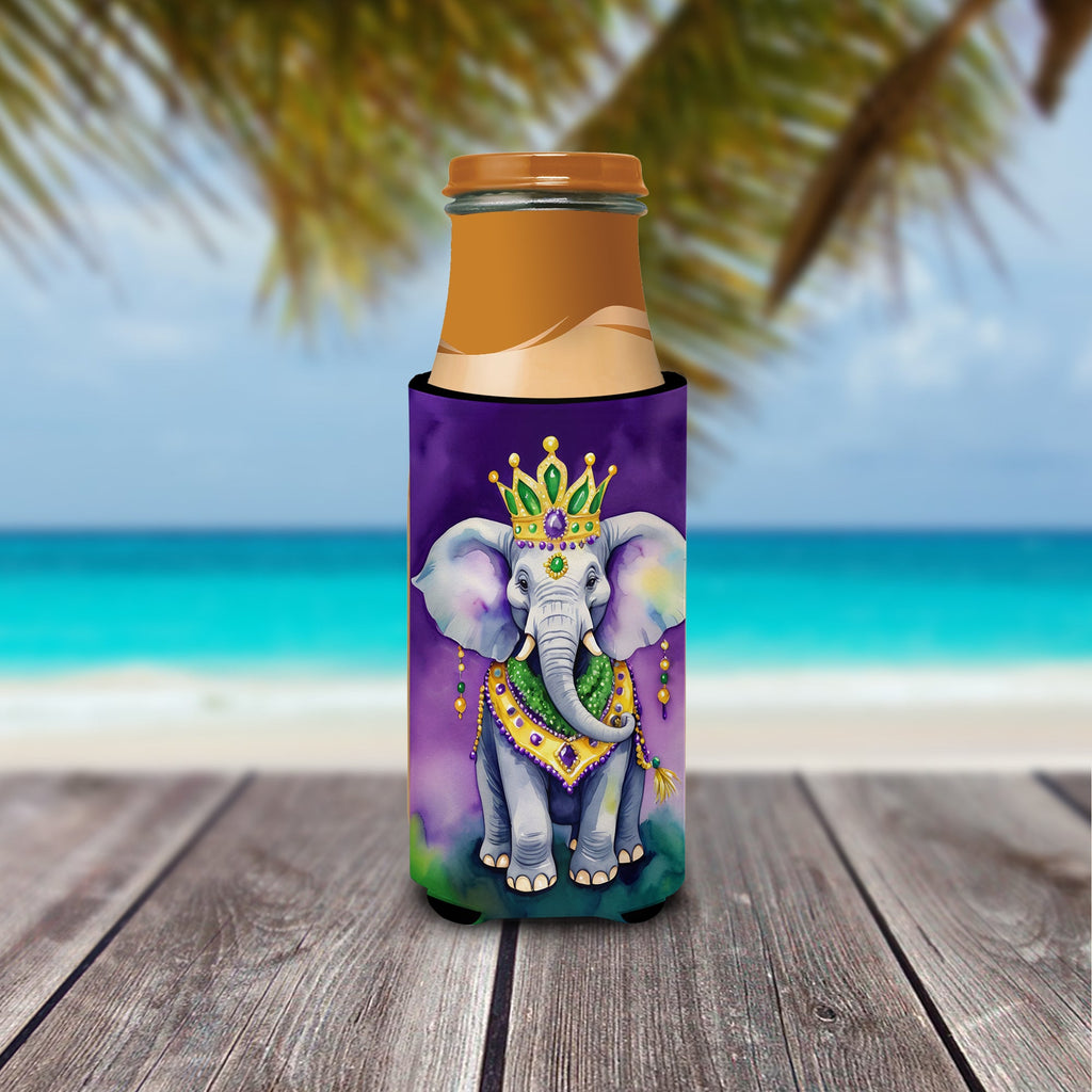 Elephant King of Mardi Gras Slim Can Hugger , Insulated Foam Hugger for 12 oz Slim Cans, Beer Bottles & Water Bottles, Printed in USA