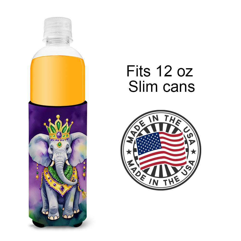 Elephant King of Mardi Gras Slim Can Hugger , Insulated Foam Hugger for 12 oz Slim Cans, Beer Bottles & Water Bottles, Printed in USA
