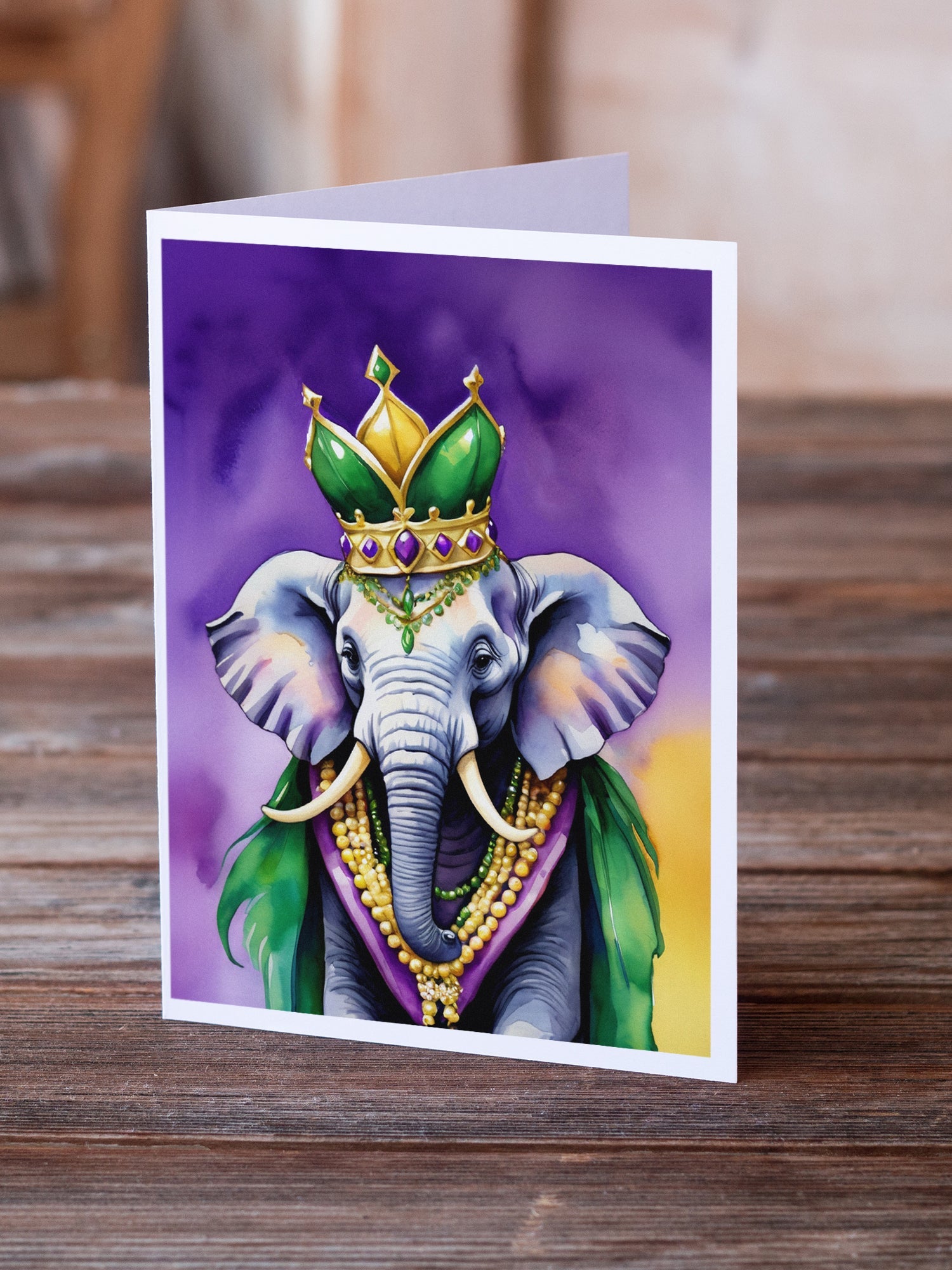 Elephant King of Mardi Gras Greeting Cards Pack of 8 Blank Cards with Envelopes Whimsical A7 Size 5x7