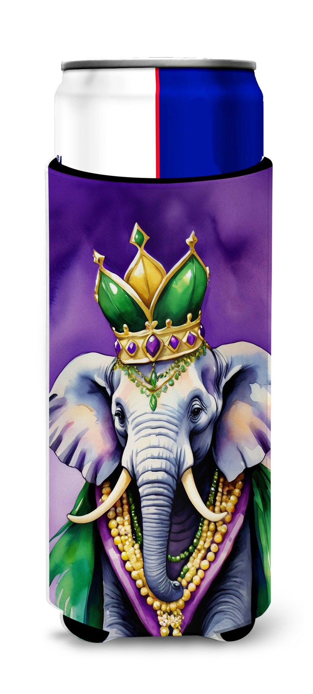 Elephant King of Mardi Gras Slim Can Hugger , Insulated Foam Hugger for 12 oz Slim Cans, Beer Bottles & Water Bottles, Printed in USA
