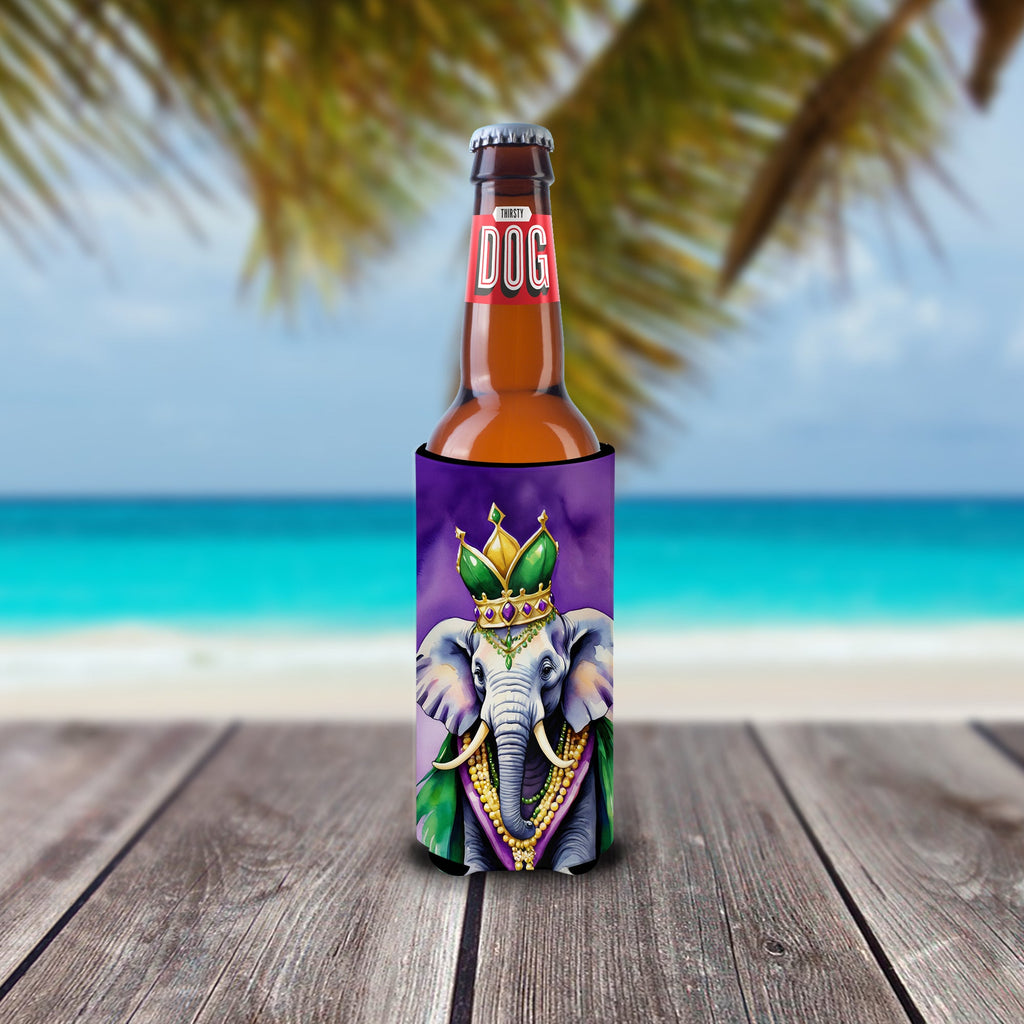 Elephant King of Mardi Gras Slim Can Hugger , Insulated Foam Hugger for 12 oz Slim Cans, Beer Bottles & Water Bottles, Printed in USA