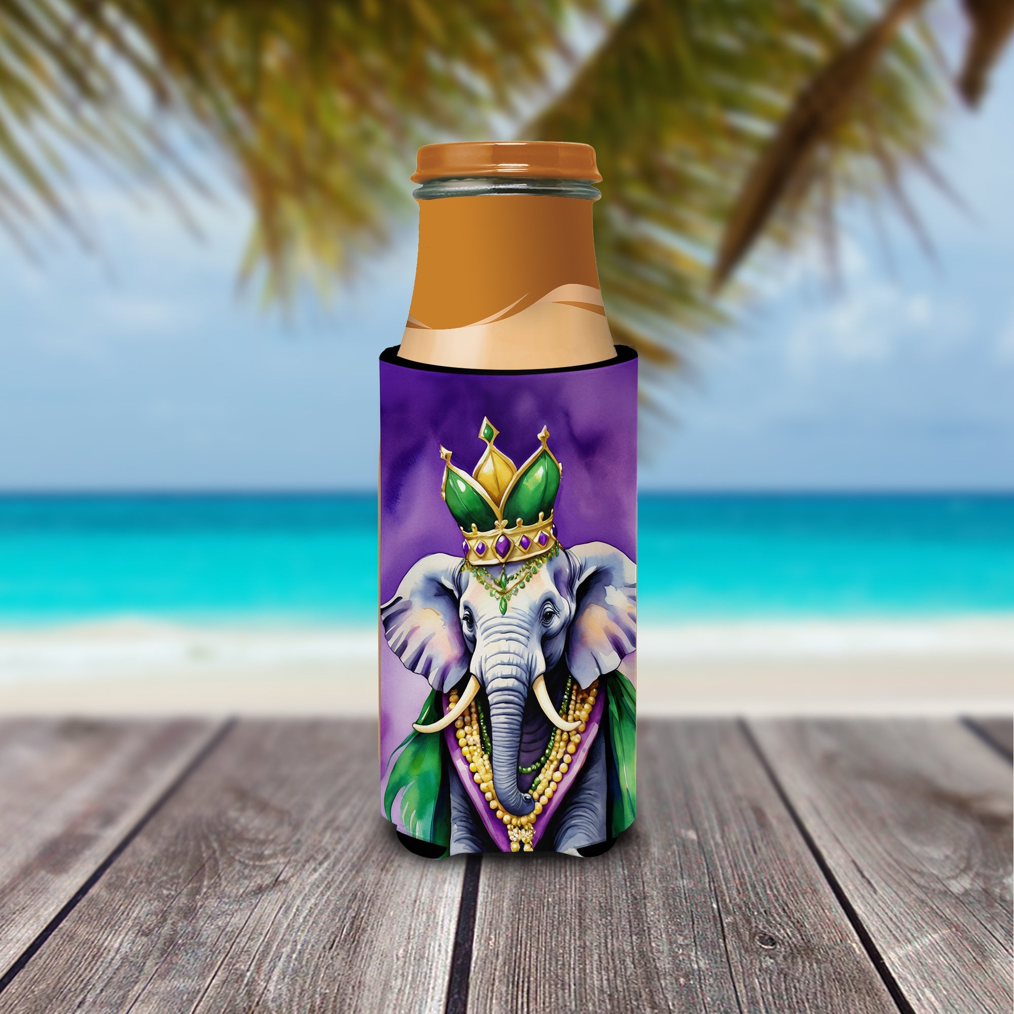 Elephant King of Mardi Gras Slim Can Hugger , Insulated Foam Hugger for 12 oz Slim Cans, Beer Bottles & Water Bottles, Printed in USA
