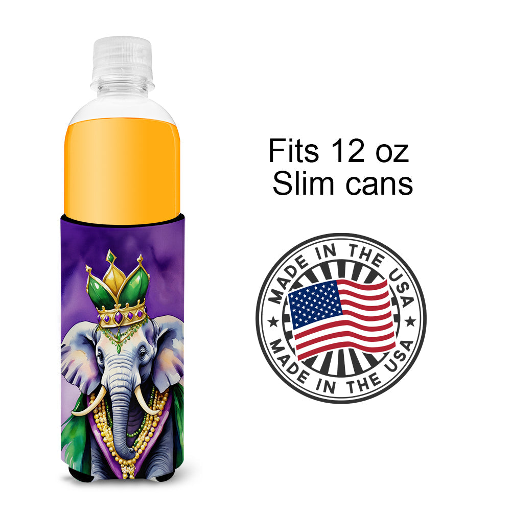 Elephant King of Mardi Gras Slim Can Hugger , Insulated Foam Hugger for 12 oz Slim Cans, Beer Bottles & Water Bottles, Printed in USA
