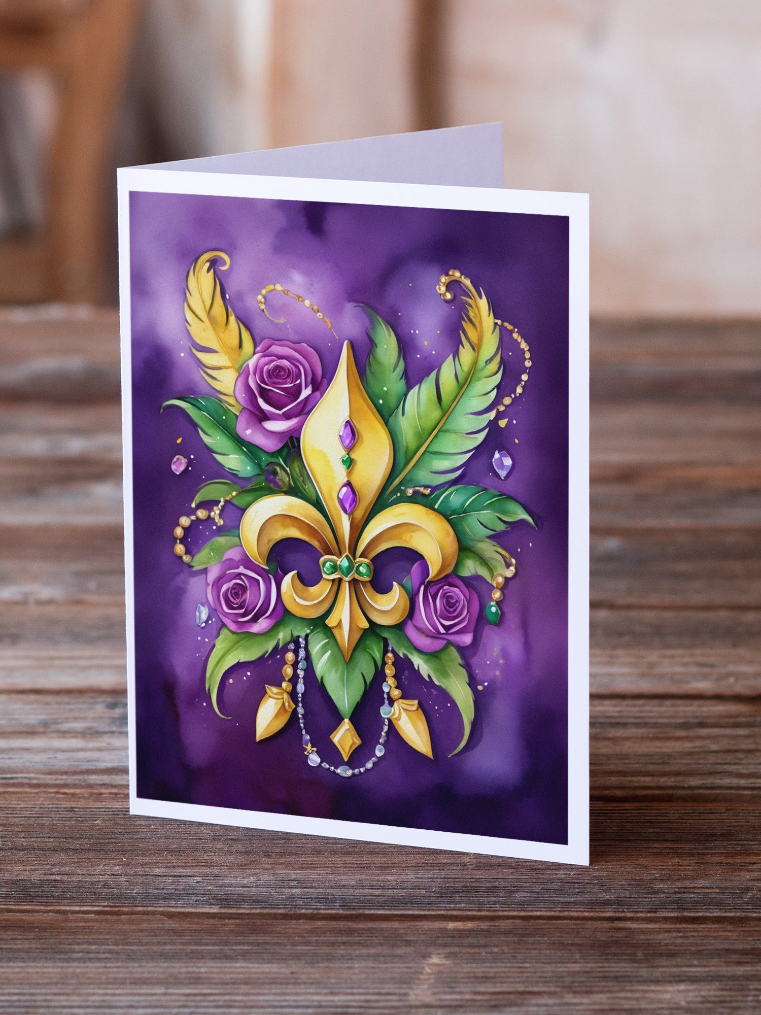 Fleur de lis Mardi Gras Greeting Cards Pack of 8 Blank Cards with Envelopes Whimsical A7 Size 5x7
