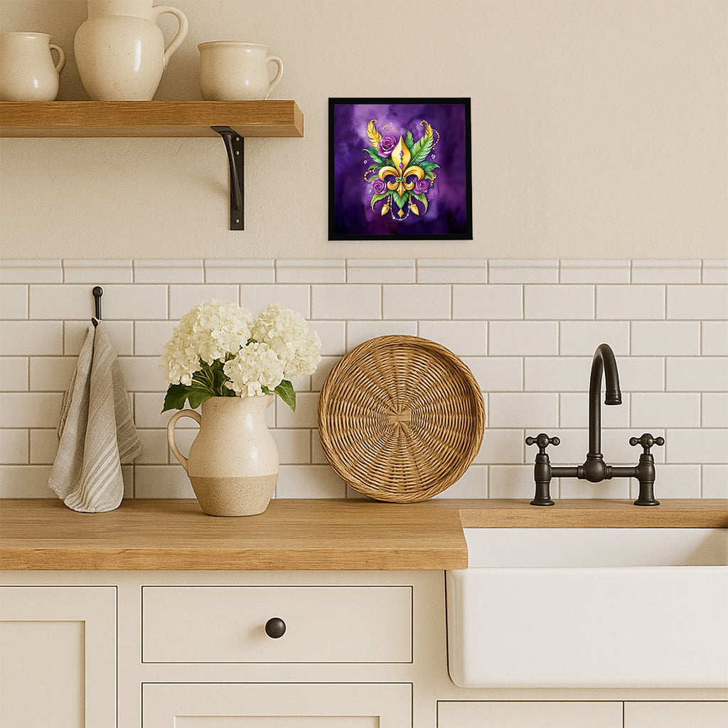 Fleur de lis Mardi Gras Framed Metal Print Bathroom, Kitchen, Office, Home Decor Wall Art Ready to Hang, Square, 8X8