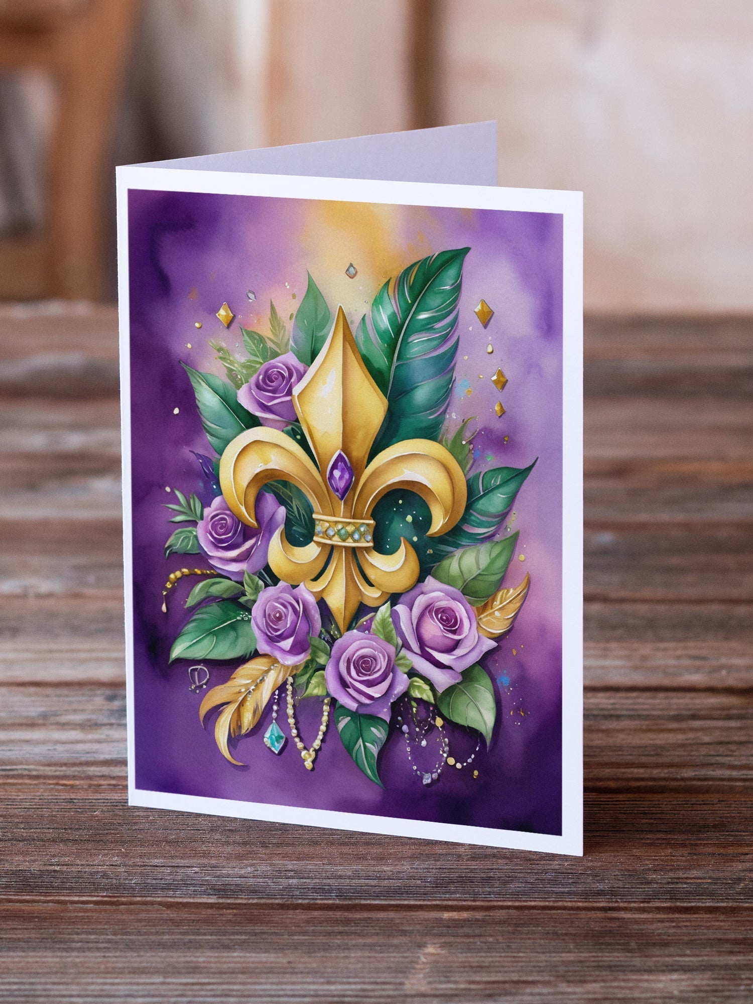 Fleur de lis Mardi Gras Greeting Cards Pack of 8 Blank Cards with Envelopes Whimsical A7 Size 5x7