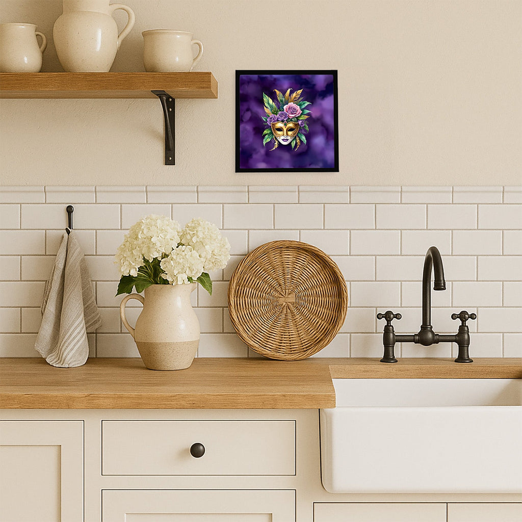 Mask Mardi Gras Framed Metal Print Bathroom, Kitchen, Office, Home Decor Wall Art Ready to Hang, Square, 8X8