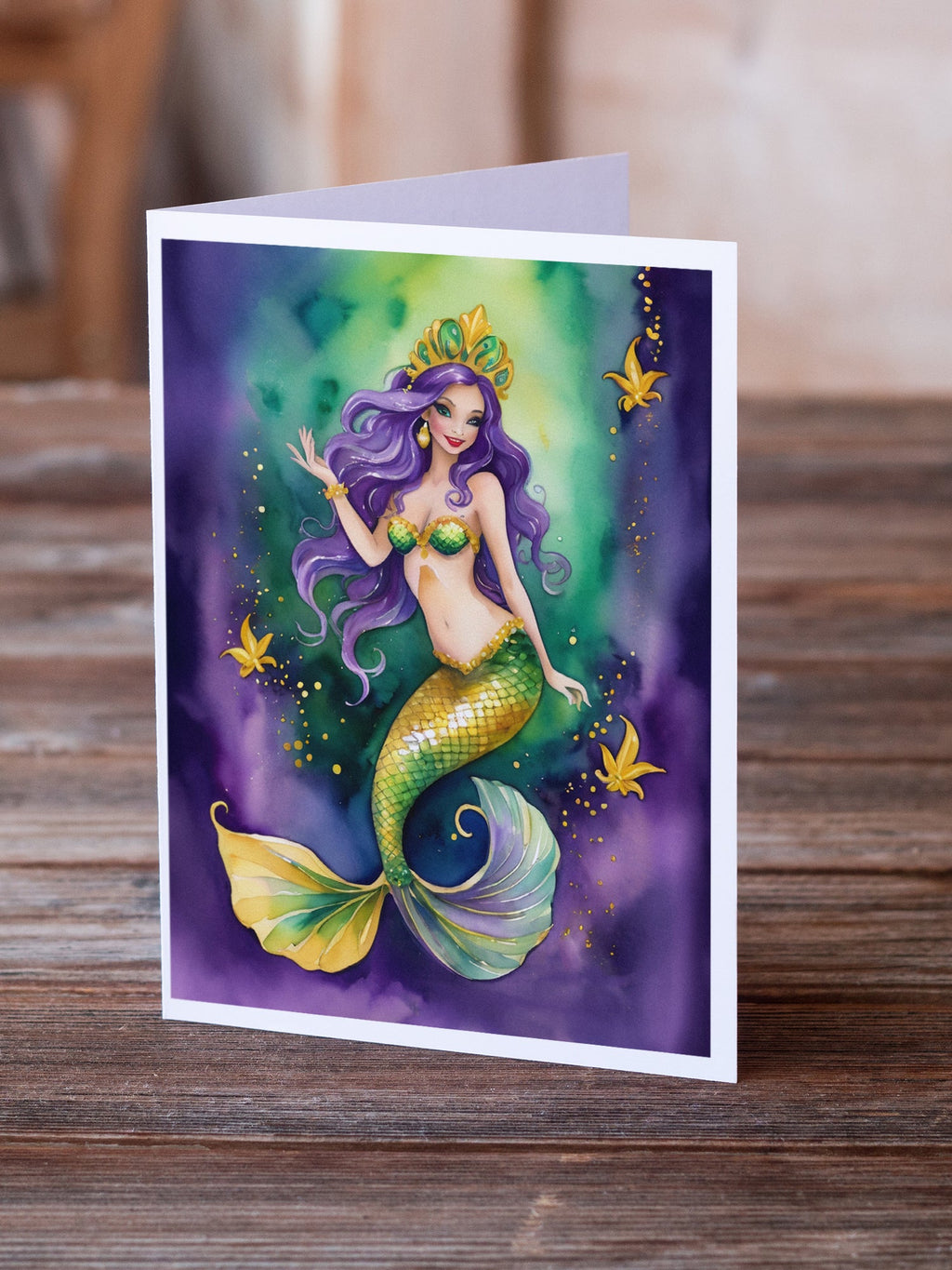 Mermaid Mardi Gras Greeting Cards Pack of 8 Blank Cards with Envelopes Whimsical A7 Size 5x7