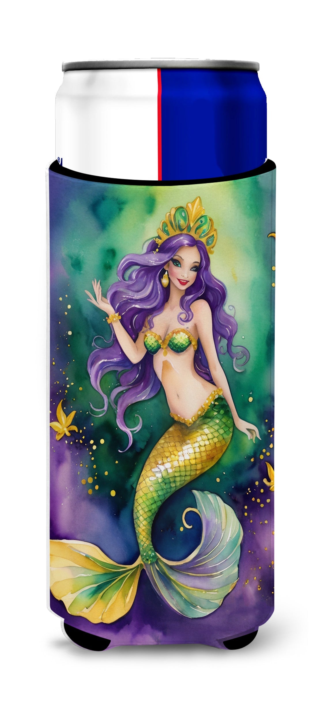 Mermaid Mardi Gras Slim Can Hugger , Insulated Foam Hugger for 12 oz Slim Cans, Beer Bottles & Water Bottles, Printed in USA
