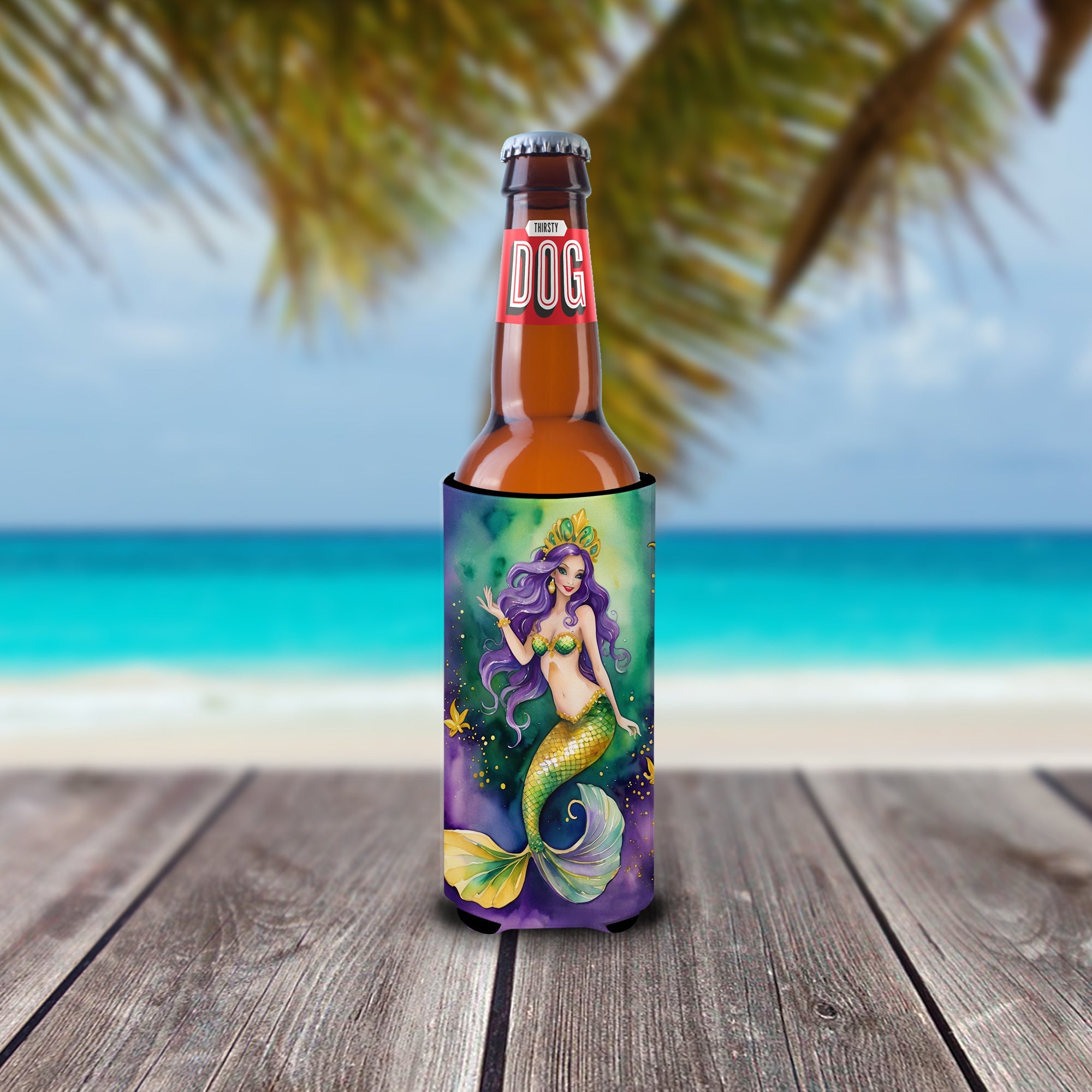 Mermaid Mardi Gras Slim Can Hugger , Insulated Foam Hugger for 12 oz Slim Cans, Beer Bottles & Water Bottles, Printed in USA