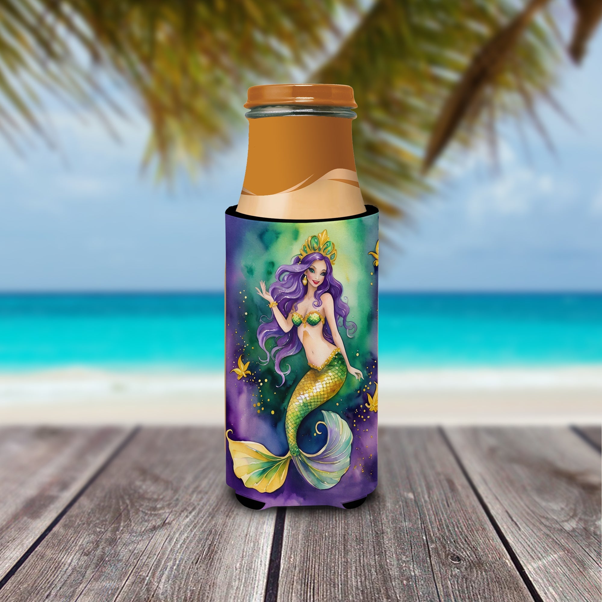 Mermaid Mardi Gras Slim Can Hugger , Insulated Foam Hugger for 12 oz Slim Cans, Beer Bottles & Water Bottles, Printed in USA