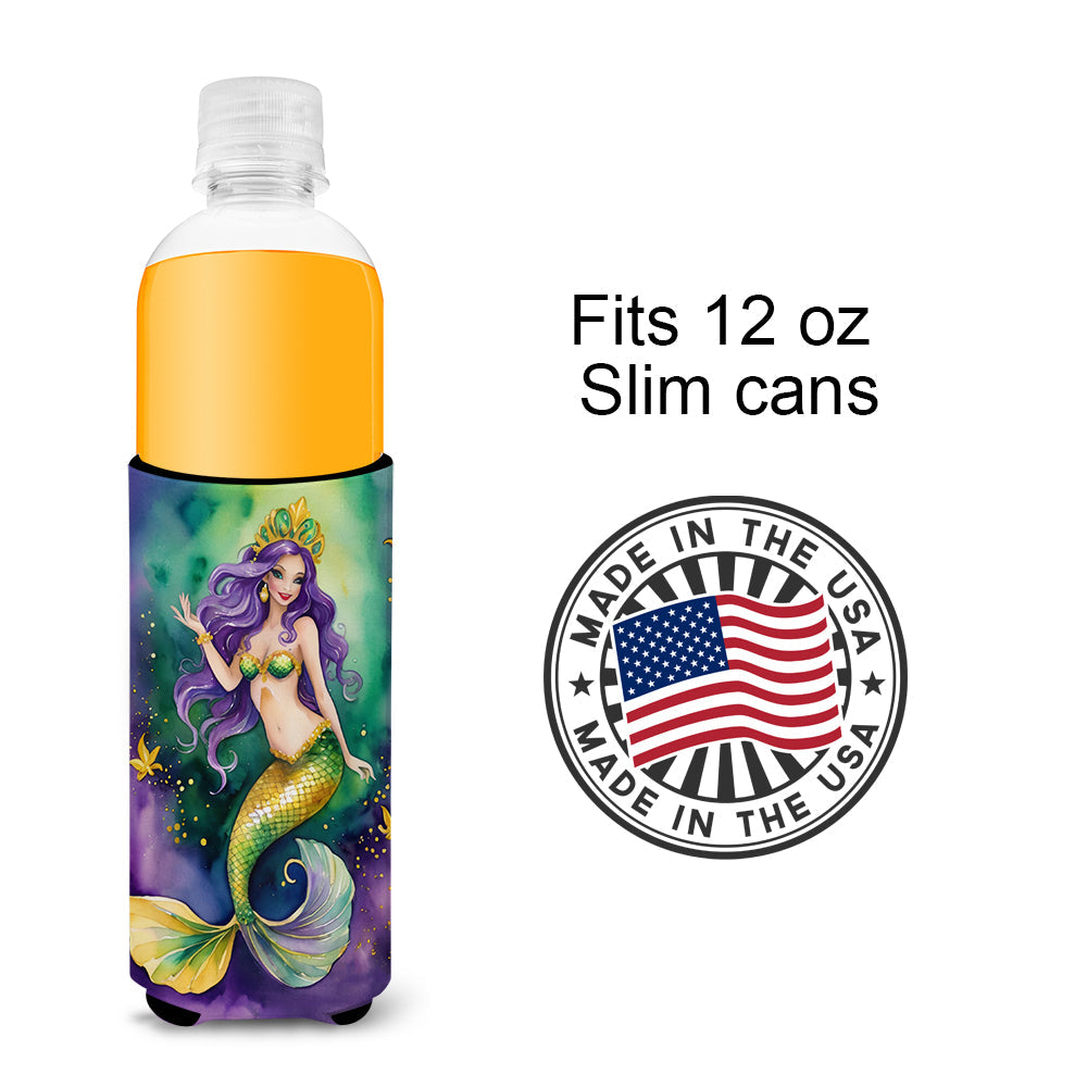 Mermaid Mardi Gras Slim Can Hugger , Insulated Foam Hugger for 12 oz Slim Cans, Beer Bottles & Water Bottles, Printed in USA