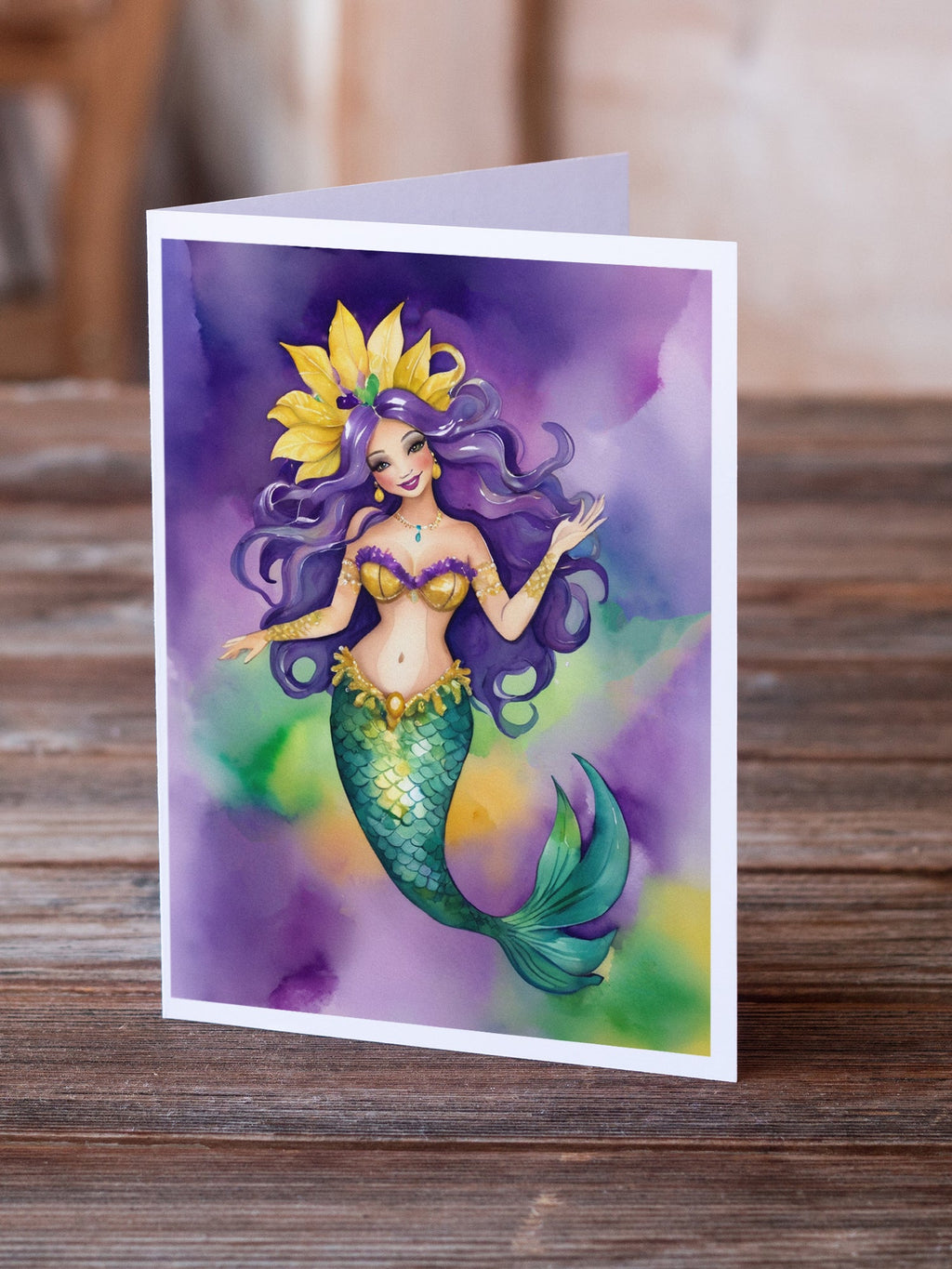 Mermaid Mardi Gras Greeting Cards Pack of 8 Blank Cards with Envelopes Whimsical A7 Size 5x7
