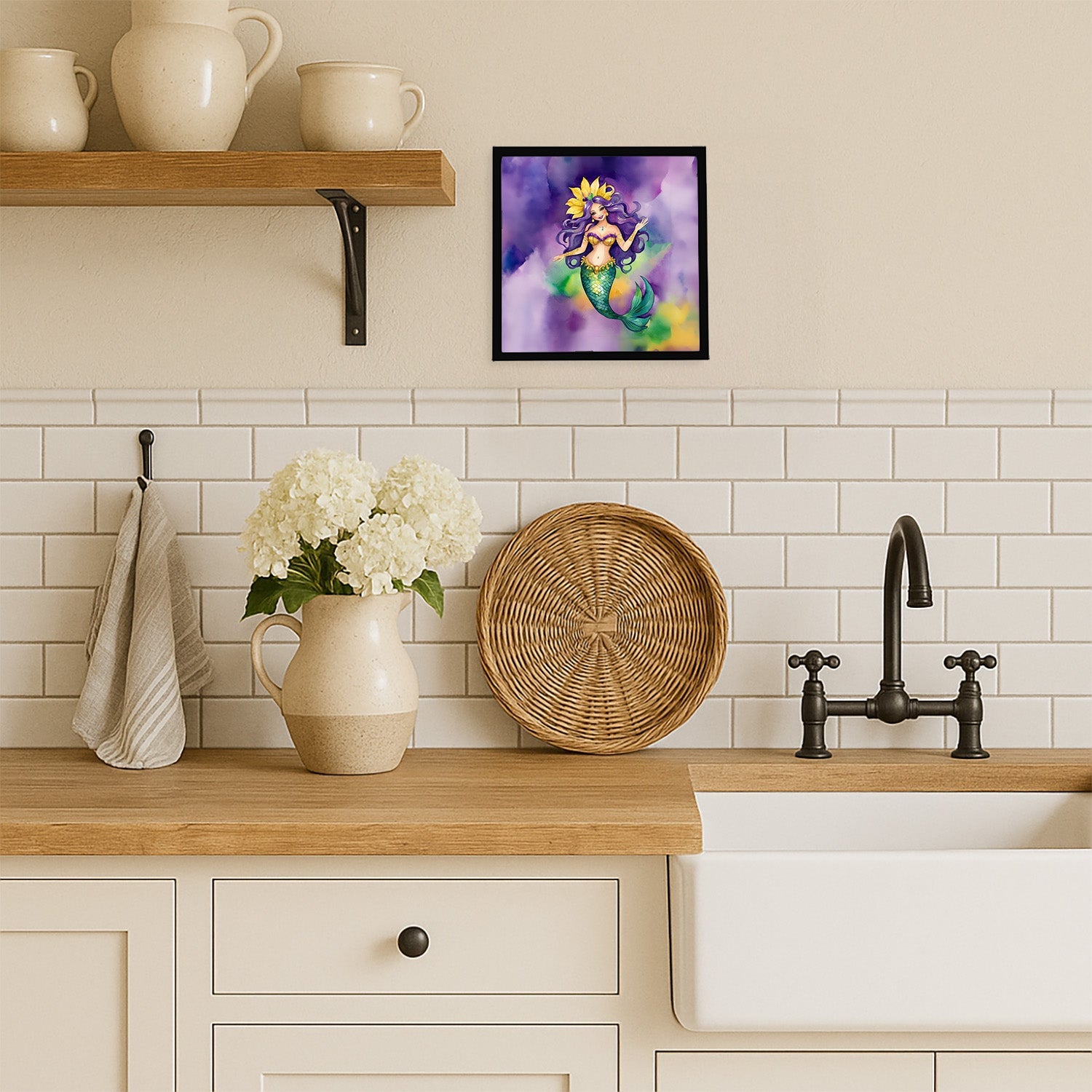 Mermaid Mardi Gras Framed Metal Print Bathroom, Kitchen, Office, Home Decor Wall Art Ready to Hang, Square, 8X8
