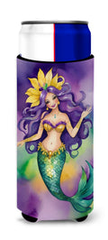 Mermaid Mardi Gras Slim Can Hugger , Insulated Foam Hugger for 12 oz Slim Cans, Beer Bottles & Water Bottles, Printed in USA