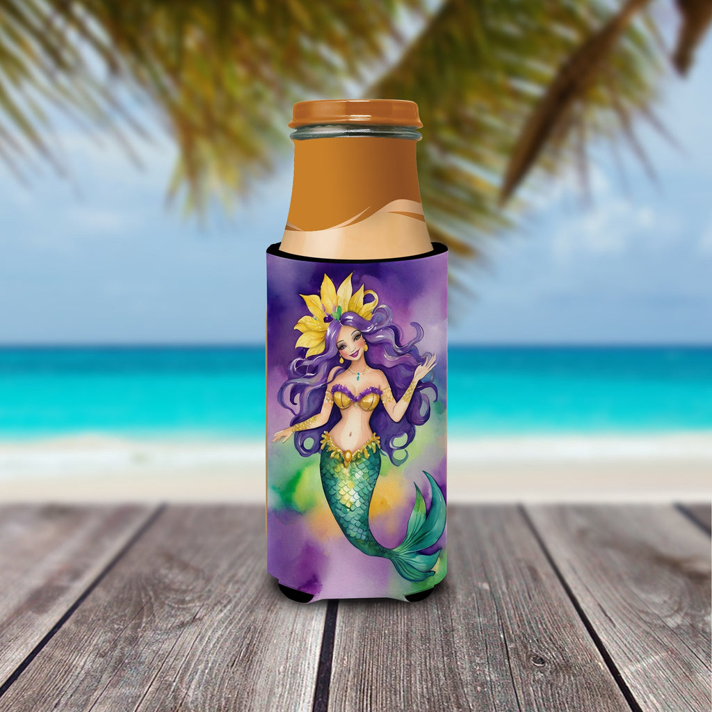 Mermaid Mardi Gras Slim Can Hugger , Insulated Foam Hugger for 12 oz Slim Cans, Beer Bottles & Water Bottles, Printed in USA