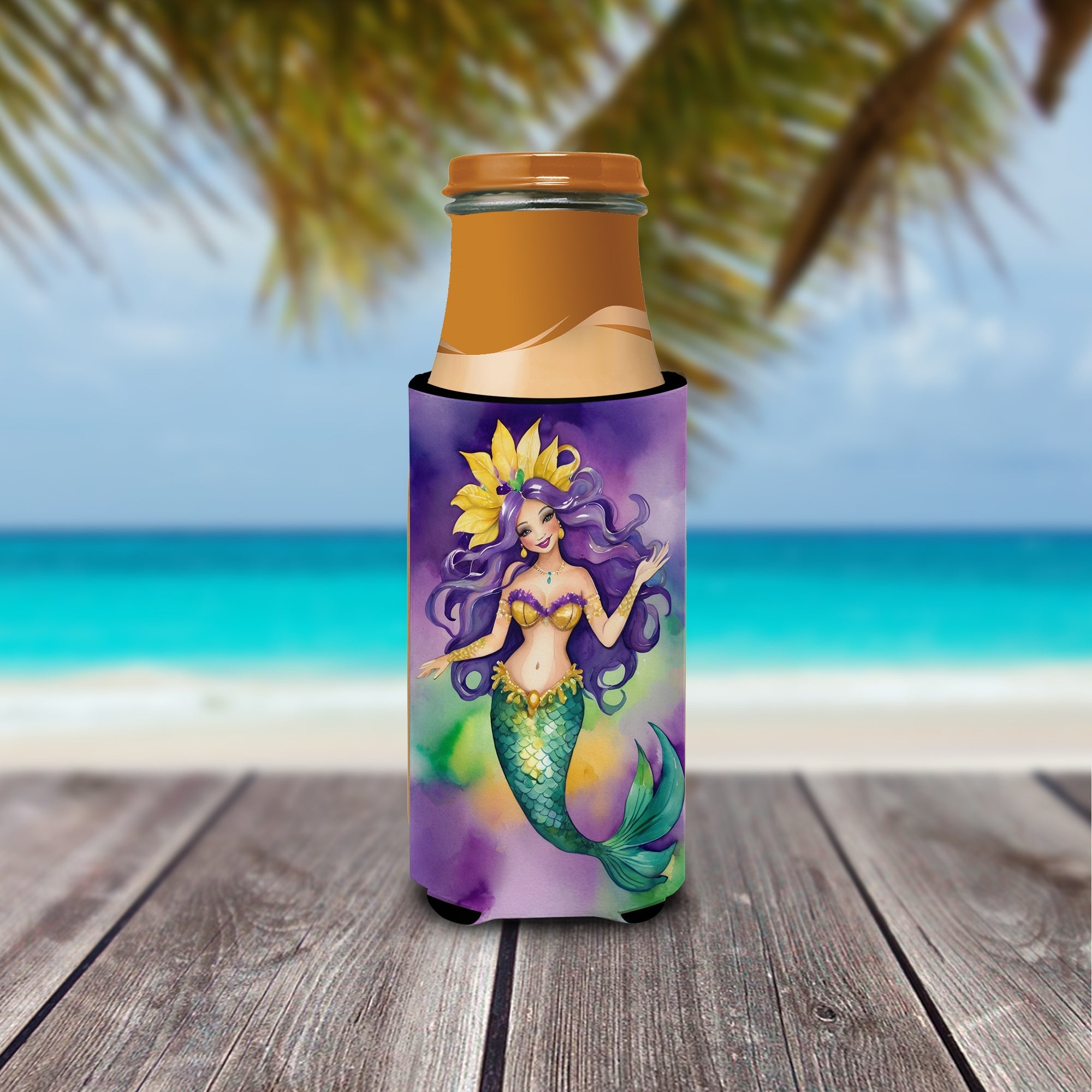 Mermaid Mardi Gras Slim Can Hugger , Insulated Foam Hugger for 12 oz Slim Cans, Beer Bottles & Water Bottles, Printed in USA