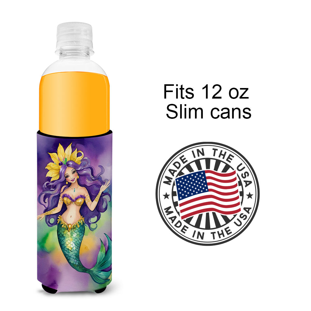 Mermaid Mardi Gras Slim Can Hugger , Insulated Foam Hugger for 12 oz Slim Cans, Beer Bottles & Water Bottles, Printed in USA