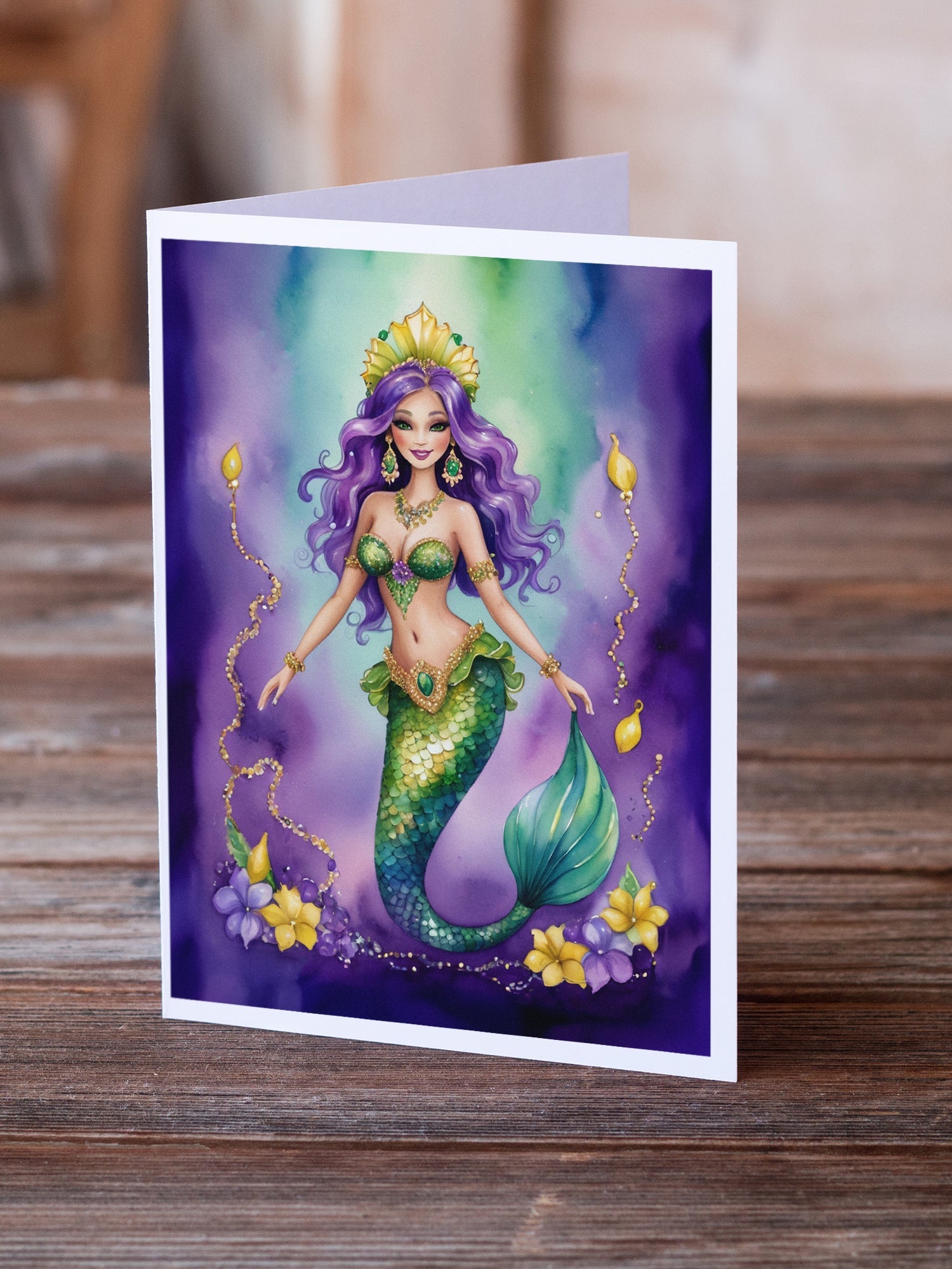 Mermaid Mardi Gras Greeting Cards Pack of 8 Blank Cards with Envelopes Whimsical A7 Size 5x7