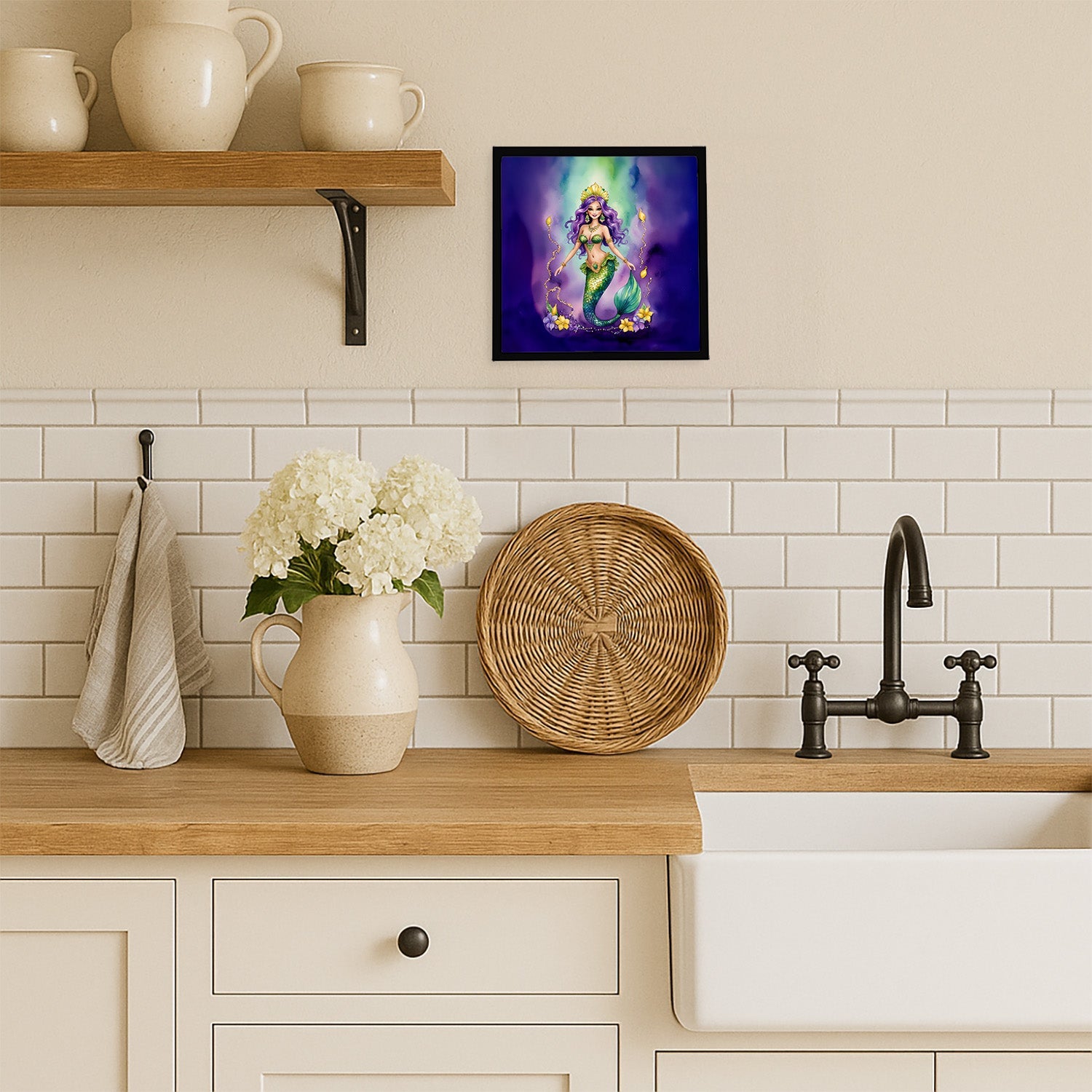 Mermaid Mardi Gras Framed Metal Print Bathroom, Kitchen, Office, Home Decor Wall Art Ready to Hang, Square, 8X8