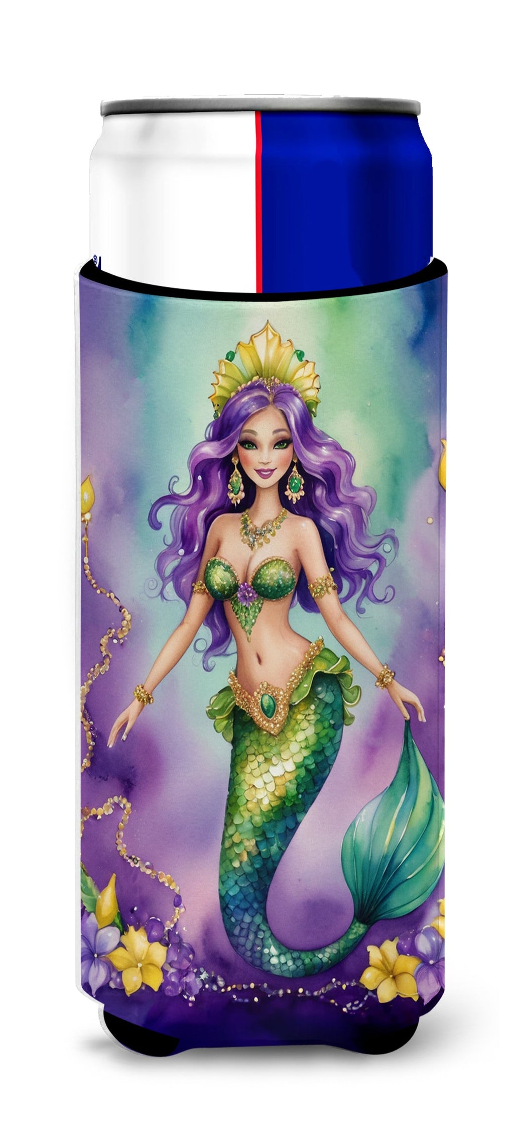Mermaid Mardi Gras Slim Can Hugger , Insulated Foam Hugger for 12 oz Slim Cans, Beer Bottles & Water Bottles, Printed in USA
