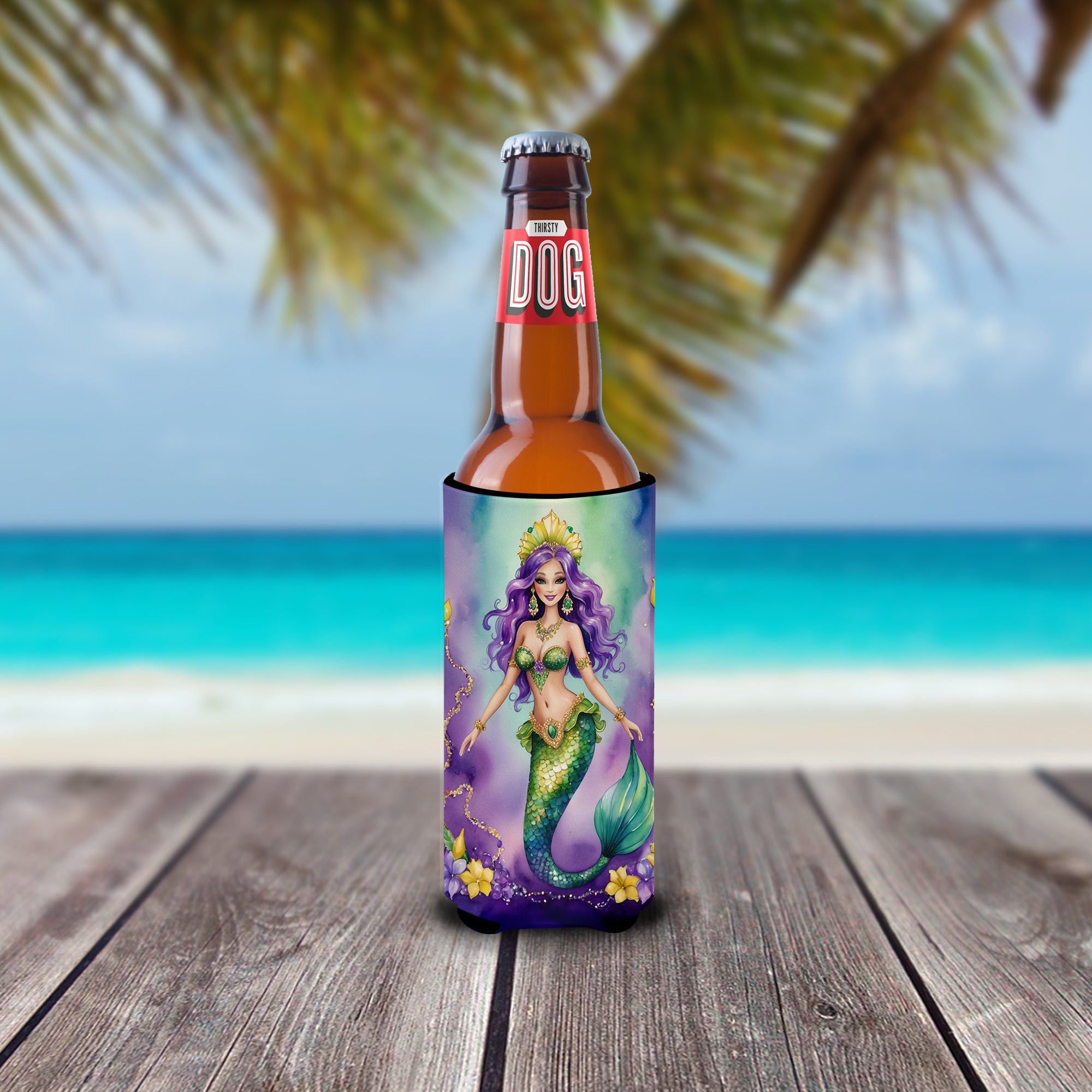Mermaid Mardi Gras Slim Can Hugger , Insulated Foam Hugger for 12 oz Slim Cans, Beer Bottles & Water Bottles, Printed in USA